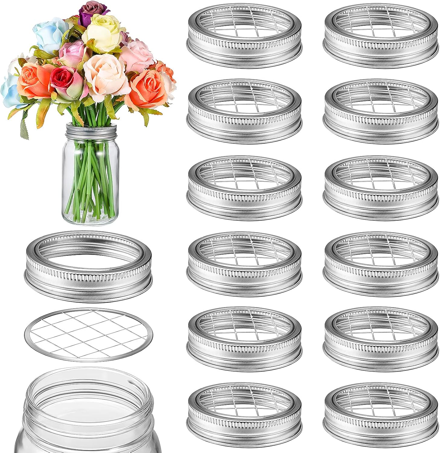Mason Flower Jar Frog Lid Metal Insert Mason Grid Flower Organizer Frog Lid Insert for Regular Mouth Canning Jars(12 Sets) - Image 1