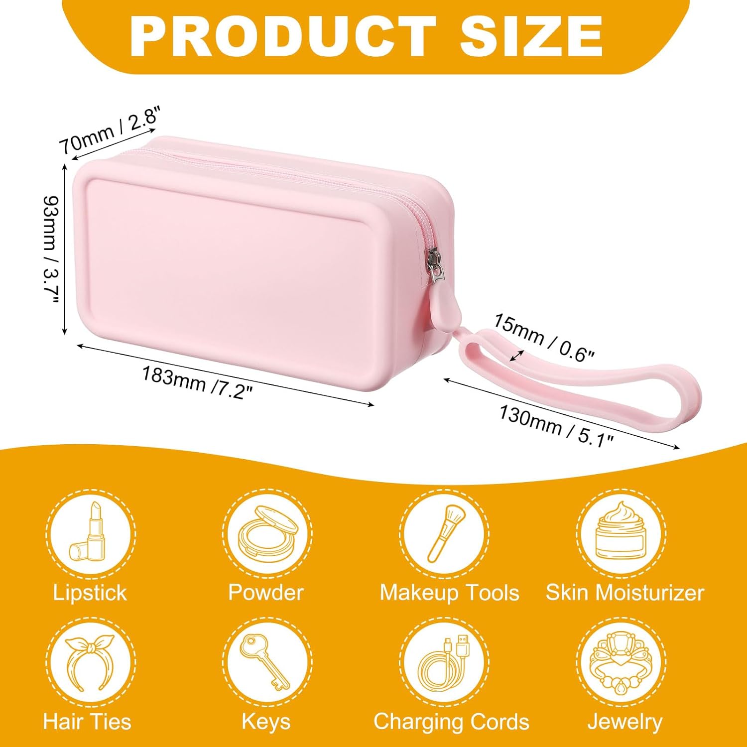 Silicone Makeup Bag, 7 Inch Square Cosmetic Bag Waterproof Makeup Pouch Travel Toiletry Organizers for Women (Large, Pink) - Image 2