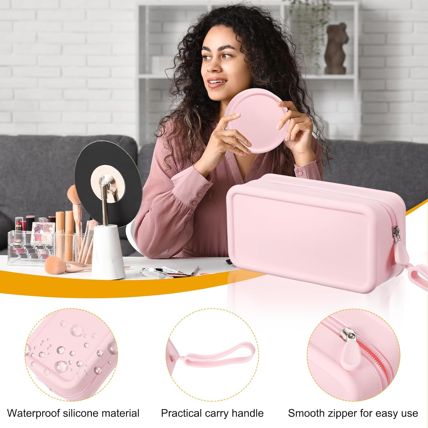 Silicone Makeup Bag, 7 Inch Square Cosmetic Bag Waterproof Makeup Pouch Travel Toiletry Organizers for Women (Large, Pink) - Image 3