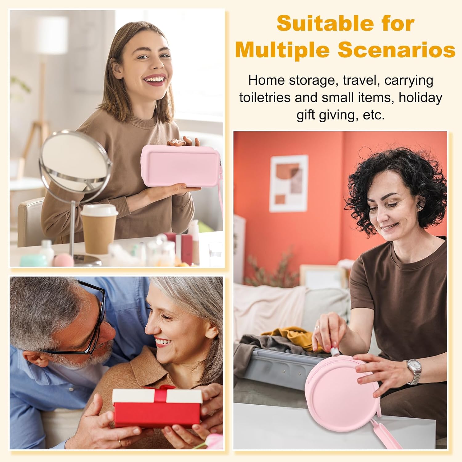 Silicone Makeup Bag, 7 Inch Square Cosmetic Bag Waterproof Makeup Pouch Travel Toiletry Organizers for Women (Large, Pink) - Image 5