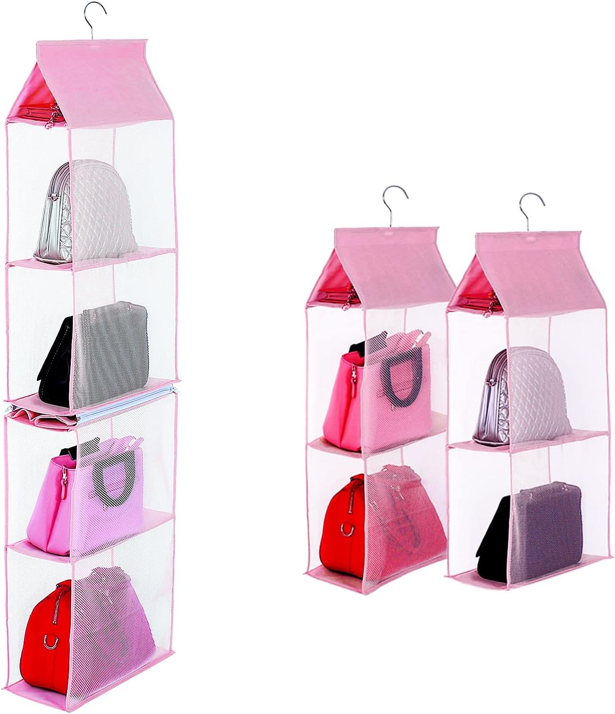 Closet Purse Organizer, Hanging Handbag Organizer with 4 Heavy-Duty Mesh Shelves Closet Purse Storage Bag (Pink) - Image 1
