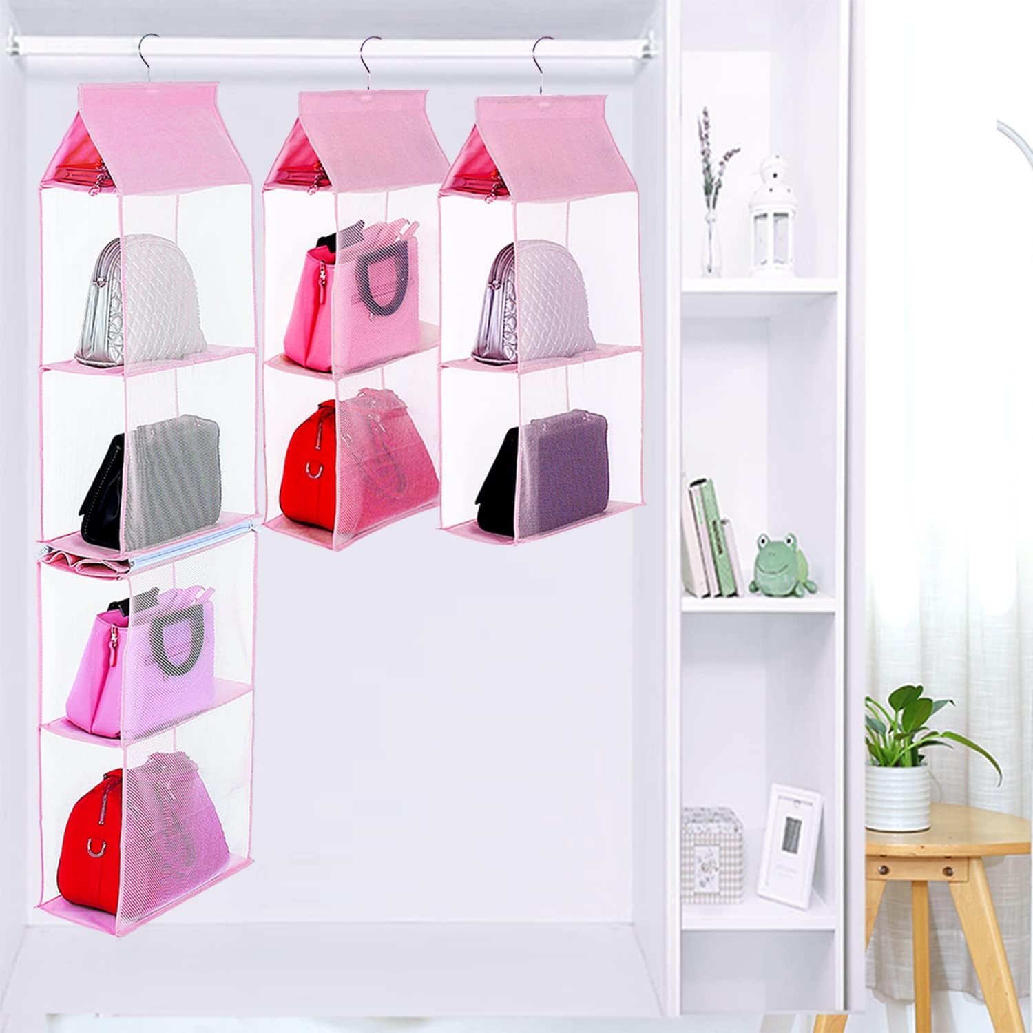 Closet Purse Organizer, Hanging Handbag Organizer with 4 Heavy-Duty Mesh Shelves Closet Purse Storage Bag (Pink) - Image 2