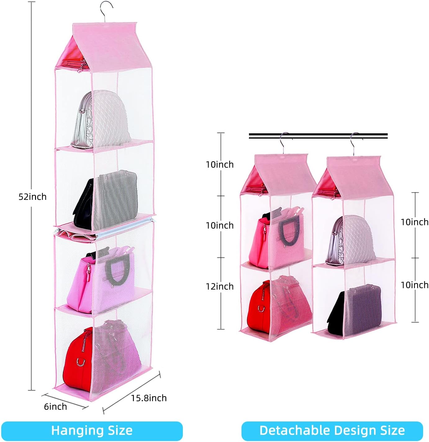 Closet Purse Organizer, Hanging Handbag Organizer with 4 Heavy-Duty Mesh Shelves Closet Purse Storage Bag (Pink) - Image 3