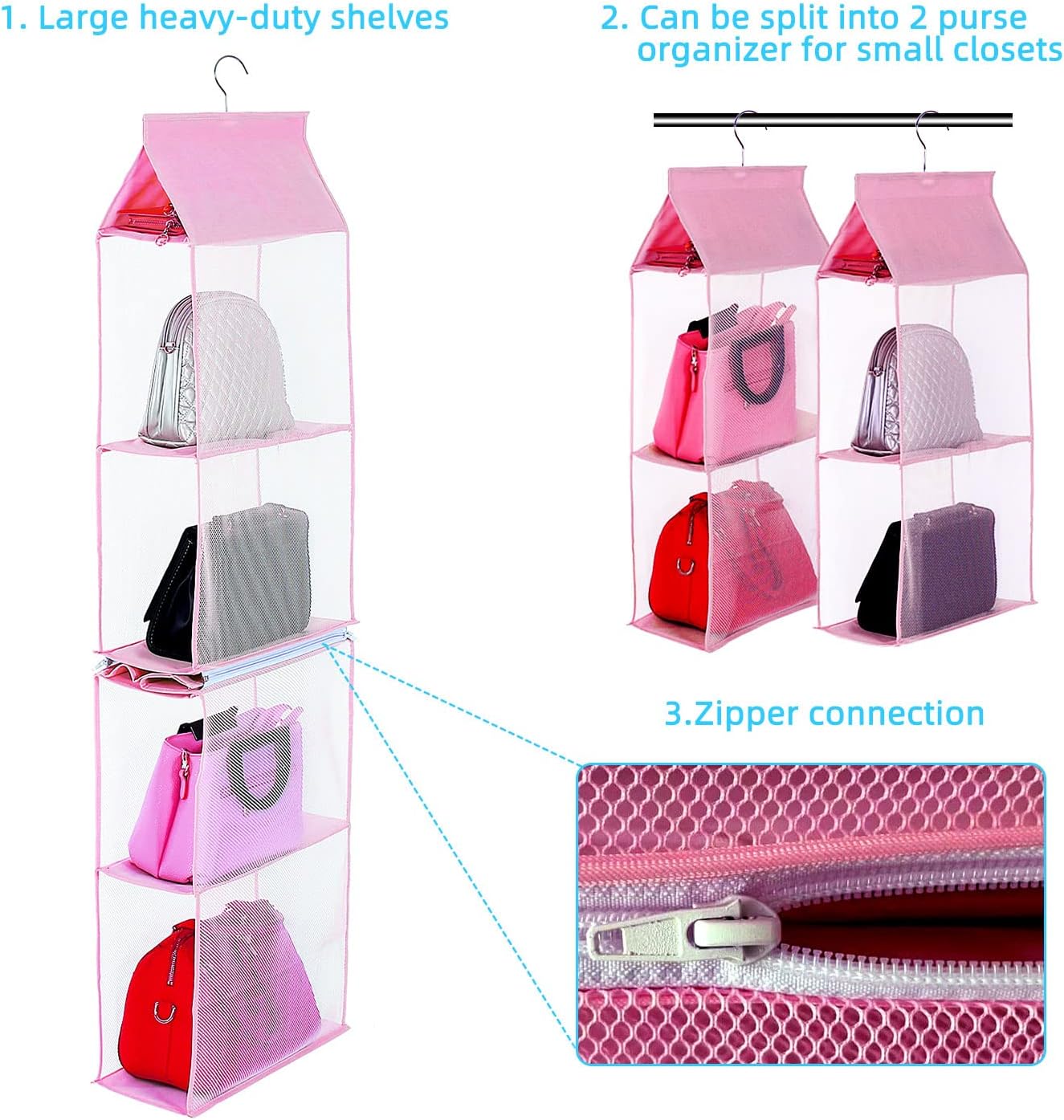Closet Purse Organizer, Hanging Handbag Organizer with 4 Heavy-Duty Mesh Shelves Closet Purse Storage Bag (Pink) - Image 4