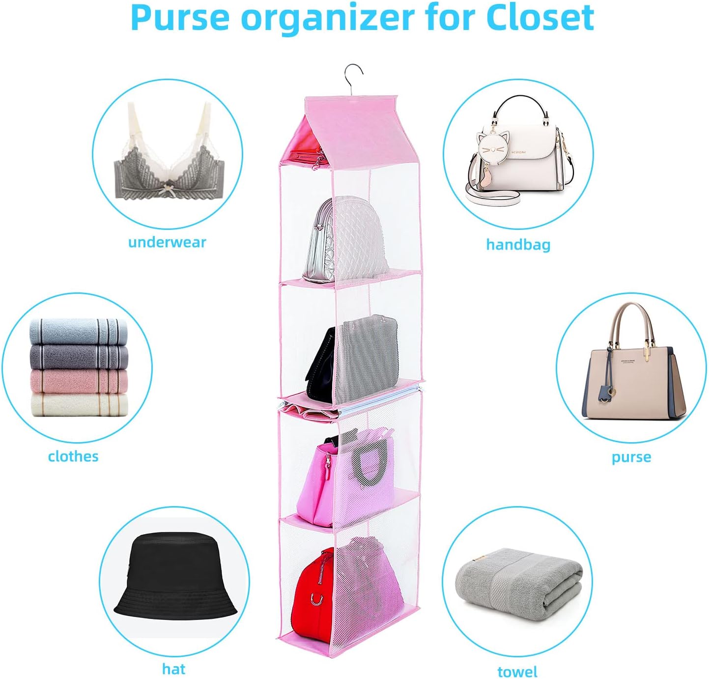 Closet Purse Organizer, Hanging Handbag Organizer with 4 Heavy-Duty Mesh Shelves Closet Purse Storage Bag (Pink) - Image 5