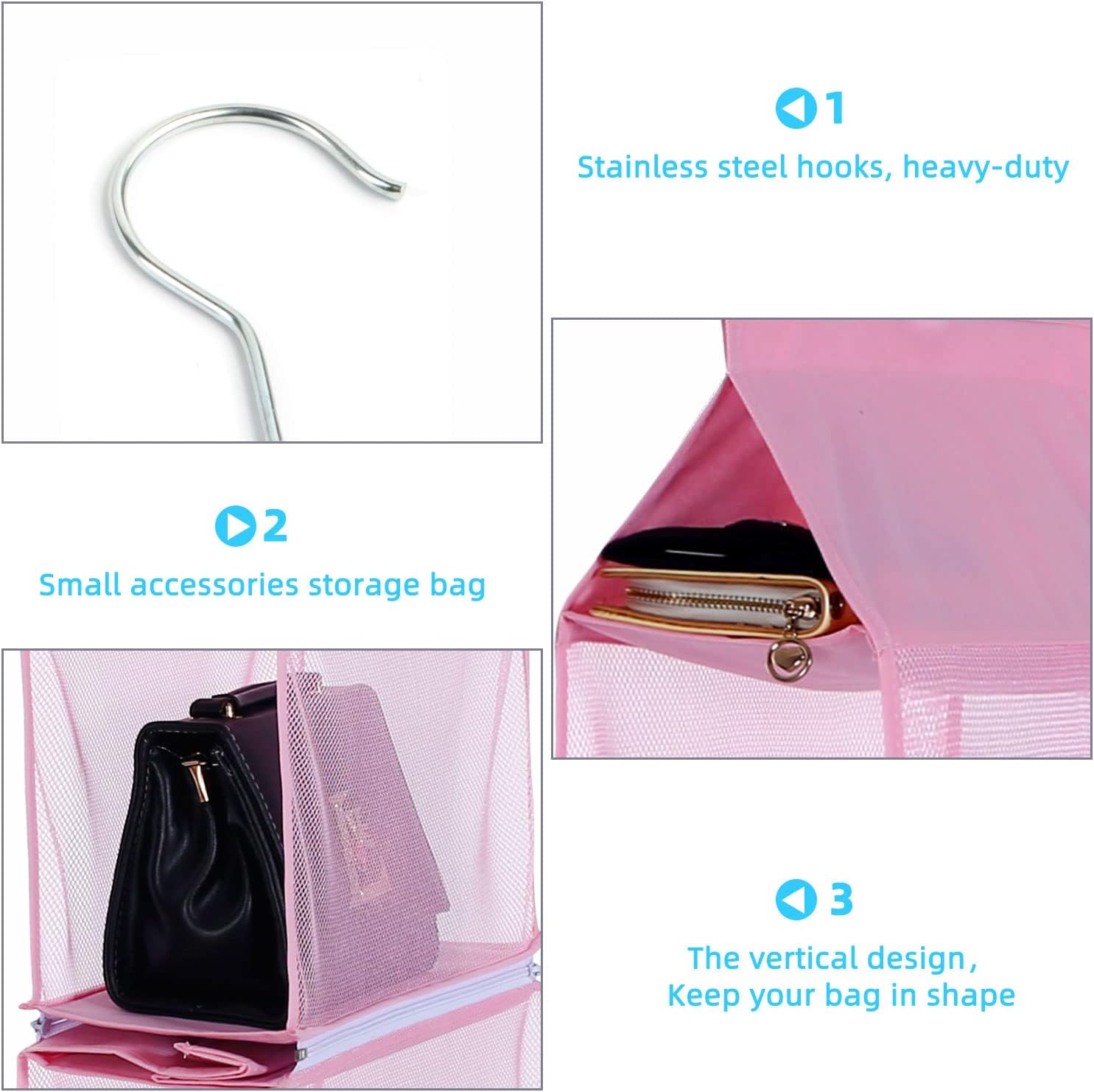 Closet Purse Organizer, Hanging Handbag Organizer with 4 Heavy-Duty Mesh Shelves Closet Purse Storage Bag (Pink) - Image 6