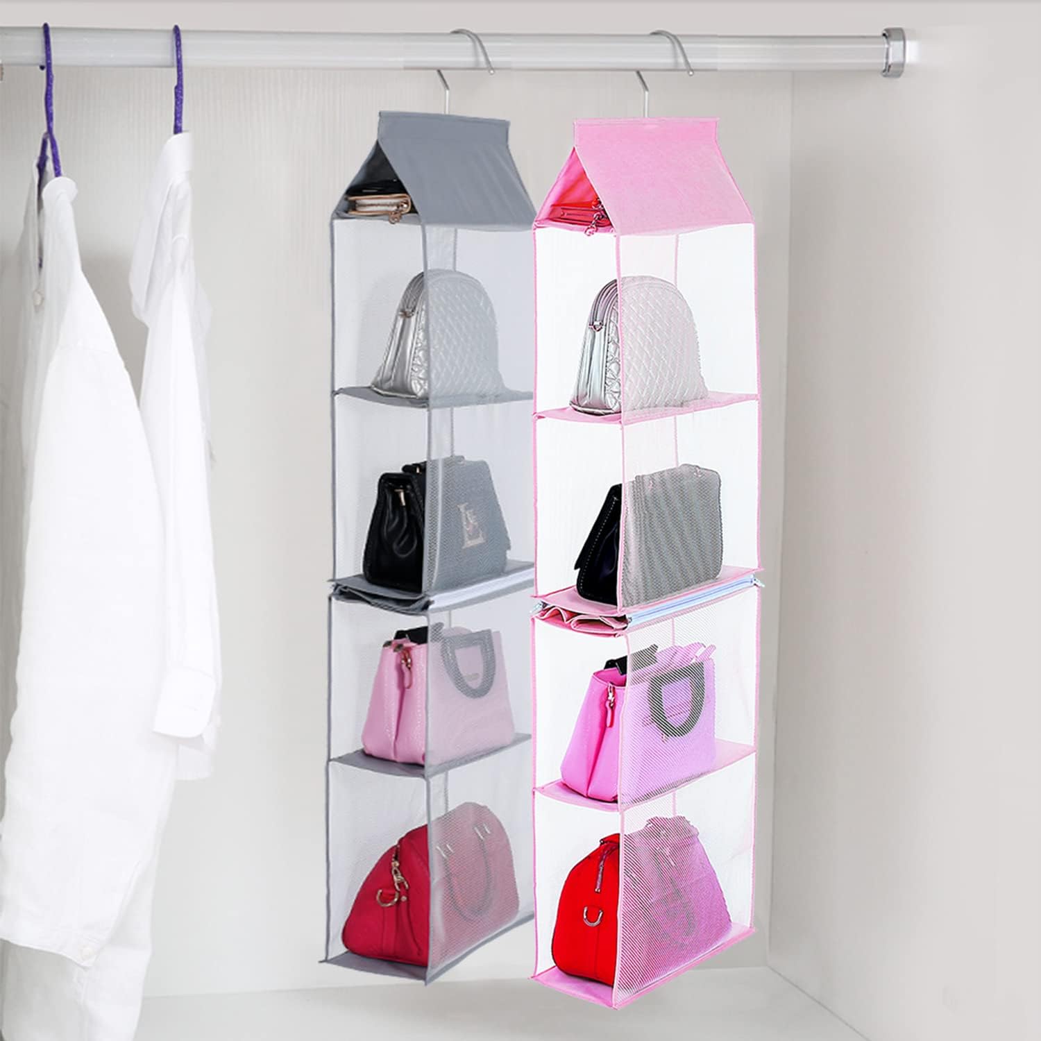 Closet Purse Organizer, Hanging Handbag Organizer with 4 Heavy-Duty Mesh Shelves Closet Purse Storage Bag (Pink) - Image 7