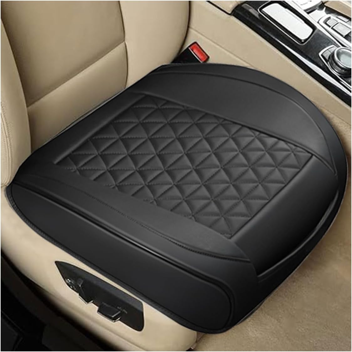 Leather Car Seat Cover, Auto Front Bottom Seat Cover Luxury Car Seat Protector Anti-Slip Waterproof Cushion Cover with Storage Pocket, for Most Cars, Trucks, SUVs (Black) - Image 1