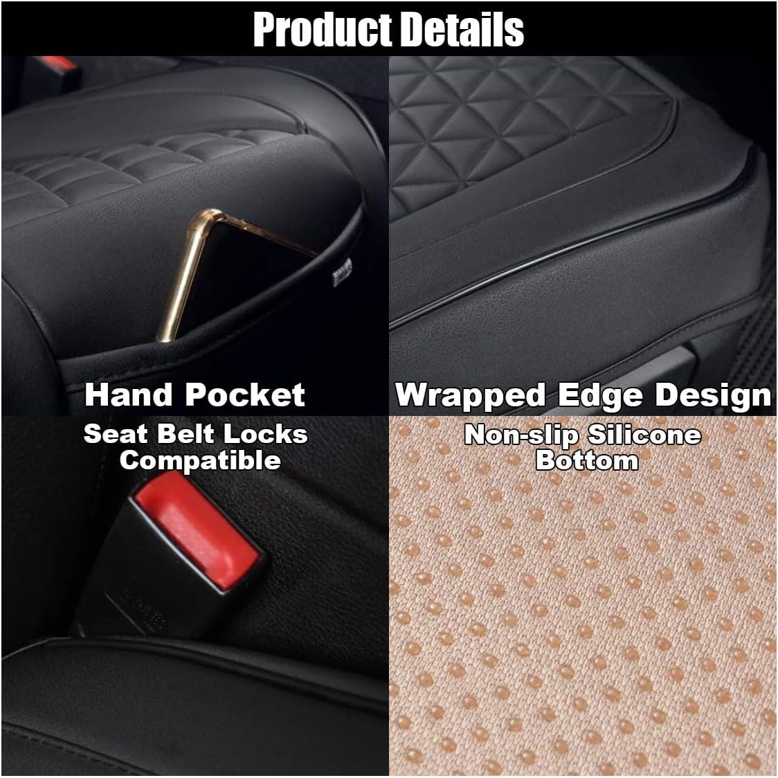 Leather Car Seat Cover, Auto Front Bottom Seat Cover Luxury Car Seat Protector Anti-Slip Waterproof Cushion Cover with Storage Pocket, for Most Cars, Trucks, SUVs (Black) - Image 3