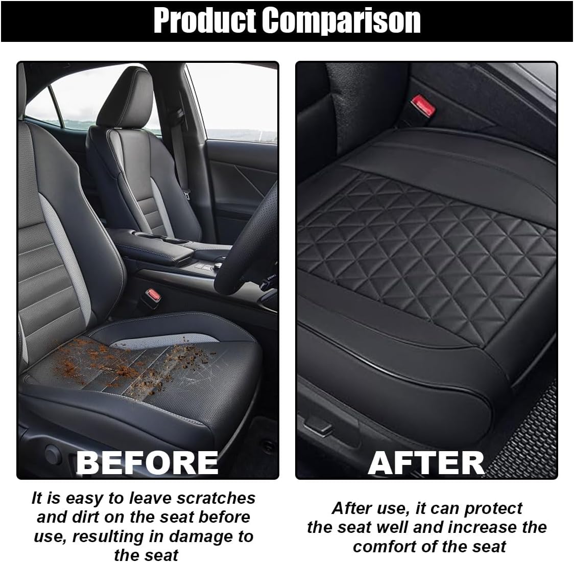 Leather Car Seat Cover, Auto Front Bottom Seat Cover Luxury Car Seat Protector Anti-Slip Waterproof Cushion Cover with Storage Pocket, for Most Cars, Trucks, SUVs (Black) - Image 4