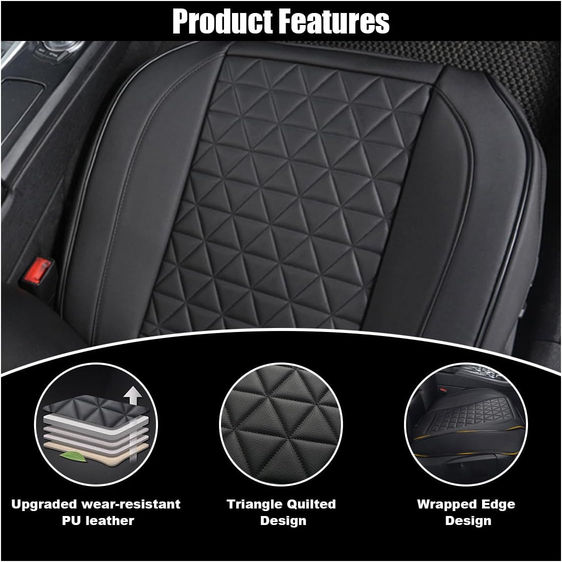 Leather Car Seat Cover, Auto Front Bottom Seat Cover Luxury Car Seat Protector Anti-Slip Waterproof Cushion Cover with Storage Pocket, for Most Cars, Trucks, SUVs (Black) - Image 5