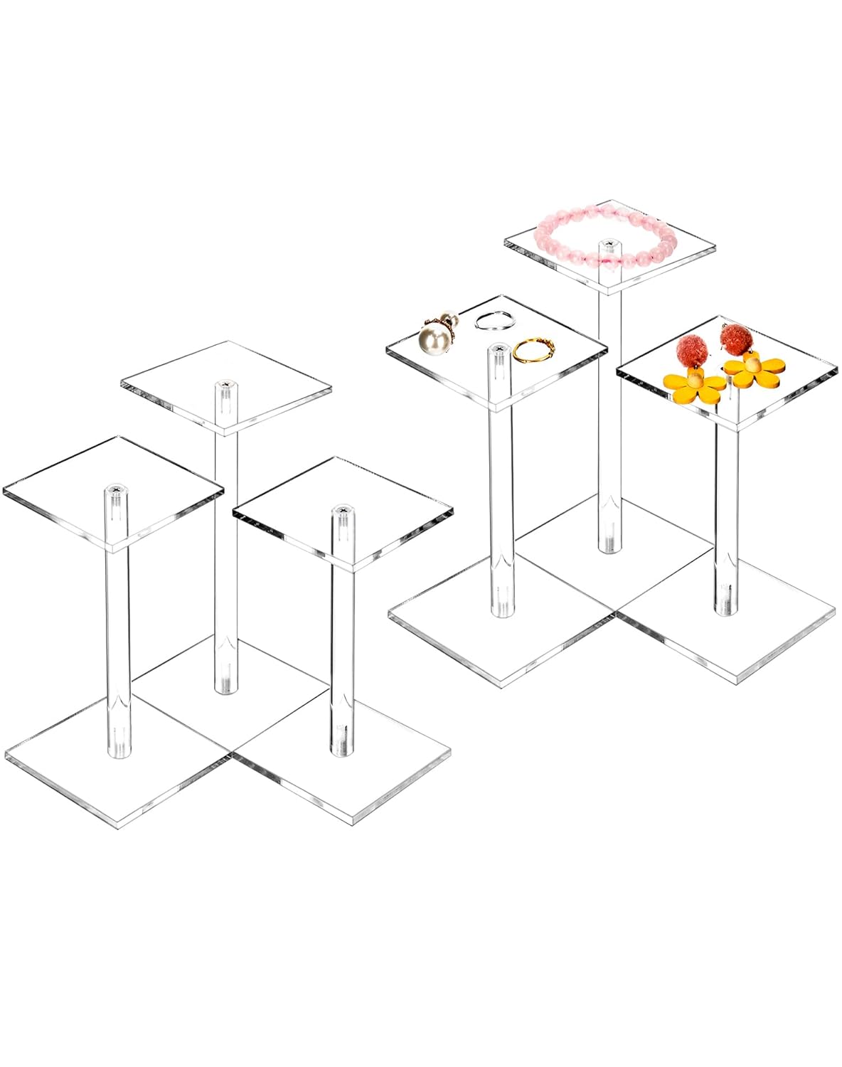Square Acrylic Display Stand, 2 Sets of 3 Each Acrylic Jewelry Display Stand, T-Shape Display Rack for Watches Earring Necklace Bracelet, 4.8