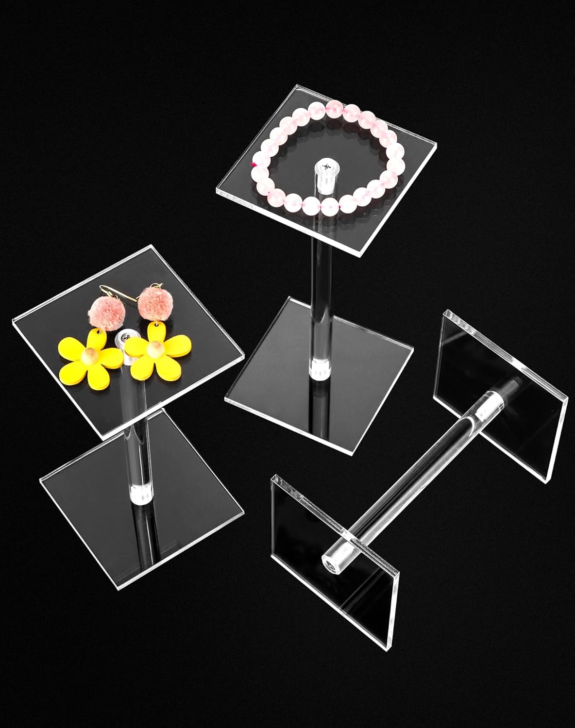 Square Acrylic Display Stand, 2 Sets of 3 Each Acrylic Jewelry Display Stand, T-Shape Display Rack for Watches Earring Necklace Bracelet, 4.8