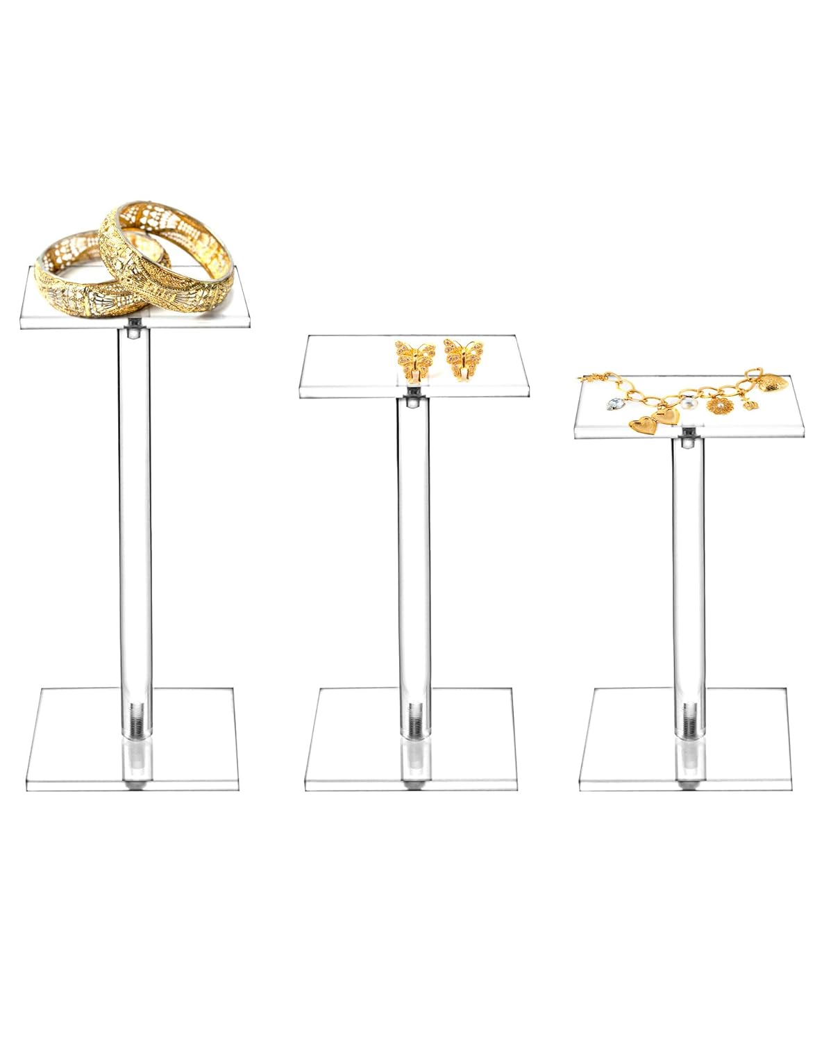 Square Acrylic Display Stand, 2 Sets of 3 Each Acrylic Jewelry Display Stand, T-Shape Display Rack for Watches Earring Necklace Bracelet, 4.8