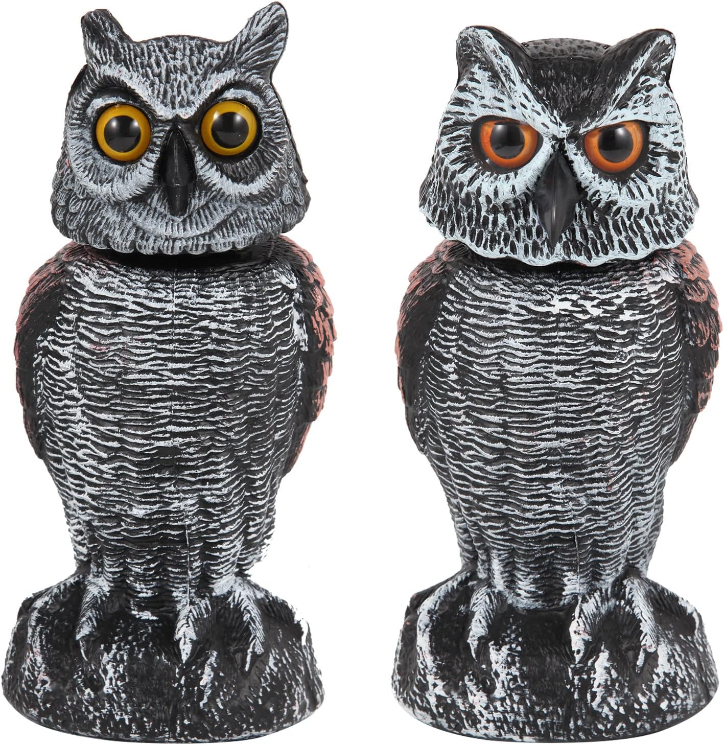 2 Pack Fake Owl Decoys to Scare Birds Away, Rotating Head Bird Deterrents, Nature Enemy Scarecrow Plastic Statues, Pest Repellent for Gardens and Patios - Image 1