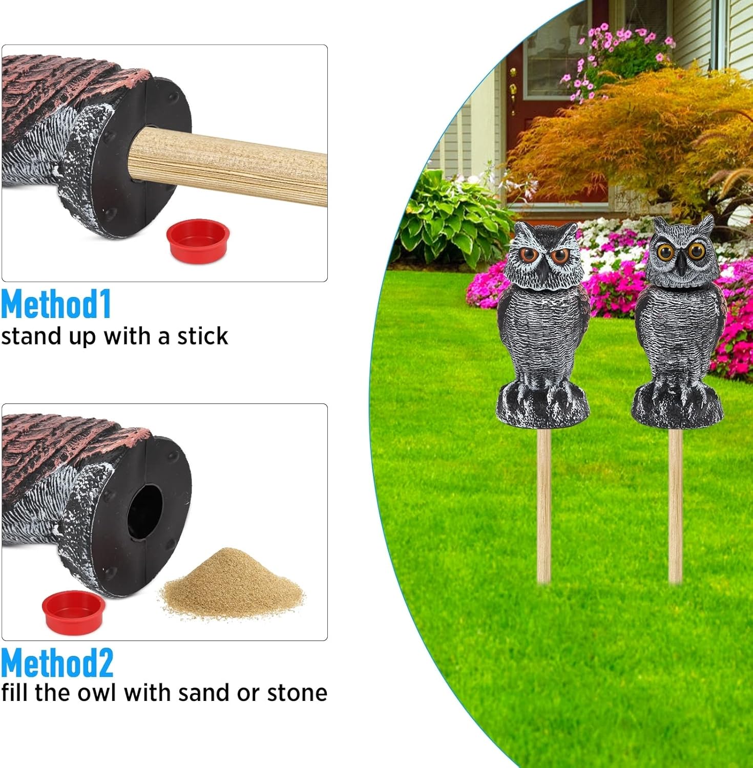 2 Pack Fake Owl Decoys to Scare Birds Away, Rotating Head Bird Deterrents, Nature Enemy Scarecrow Plastic Statues, Pest Repellent for Gardens and Patios - Image 5