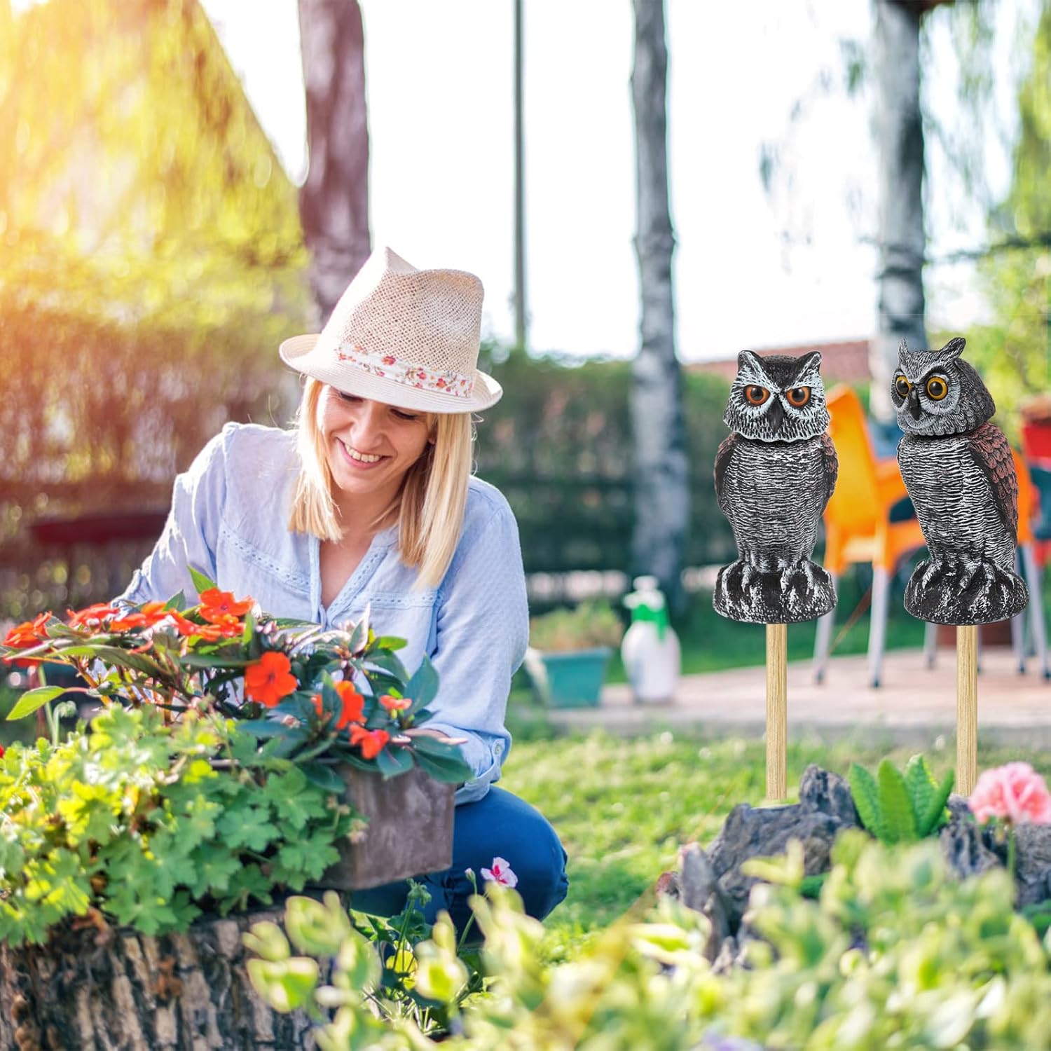 2 Pack Fake Owl Decoys to Scare Birds Away, Rotating Head Bird Deterrents, Nature Enemy Scarecrow Plastic Statues, Pest Repellent for Gardens and Patios - Image 6