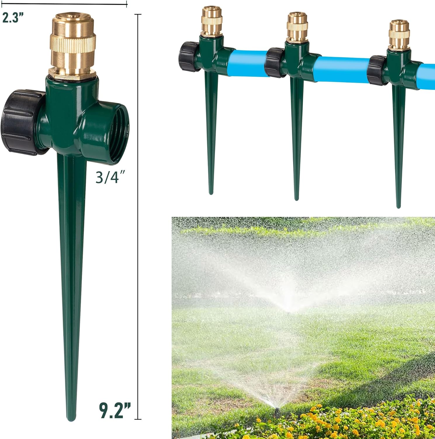 2 Pack Metal Lawn Sprinkler for Yard, Automatic Brass Garden Water Sprinklers on Spike Base, Adjustable 360 Degree Sprinkler Nozzle for Large Area Coverage Grass Patio Irrigation - Image 2