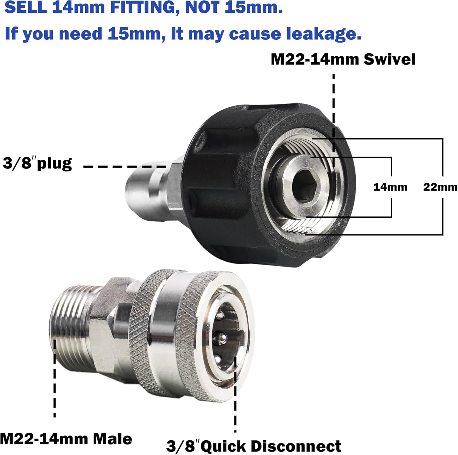 Pressure Washer Adapter Set, Stainless Steel Quick Disconnect Kit with M22 Metric Male Thread Quick Connector, M22 Swivel to 3/8'' Quick Connect, 3/4