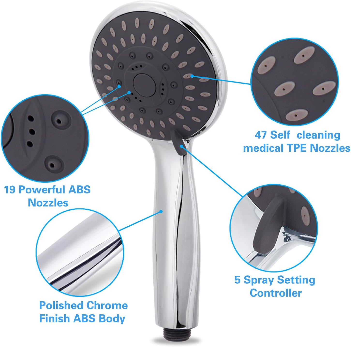 High Pressure Handheld Shower Head  5-Settings Powerful Water Spray Shower Head against Low Pressure Water Flow with Stainless Hose and Adjustable Mount - Image 4