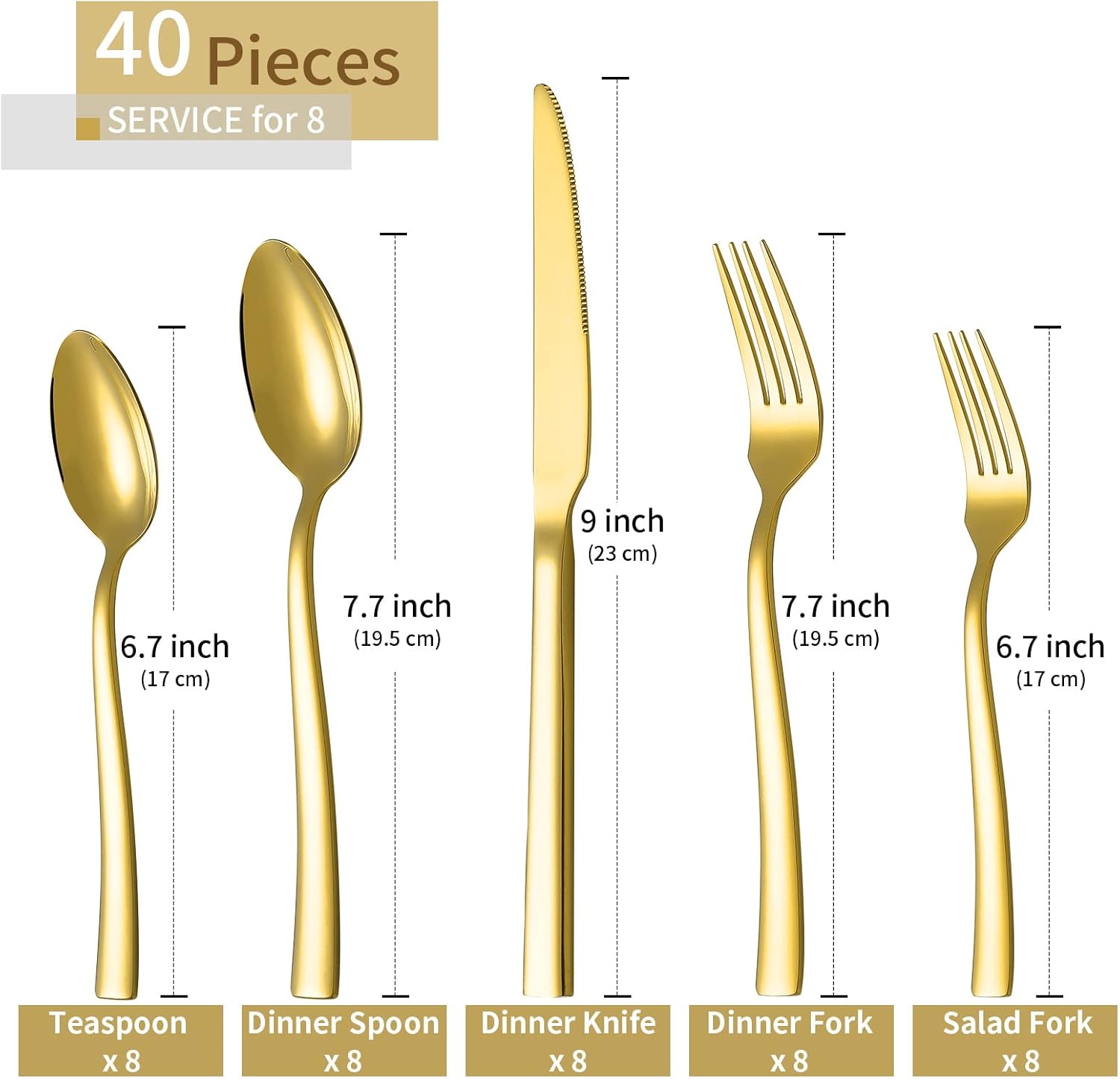 Gold Silverware Set,  40 Piece Stainless Steel Flatware Cutlery Set Service for 8 Luxury Square Tableware Thick Knife Fork Spoon for Home Kitchen Restaurant Wedding, Mirror Polished - Image 2