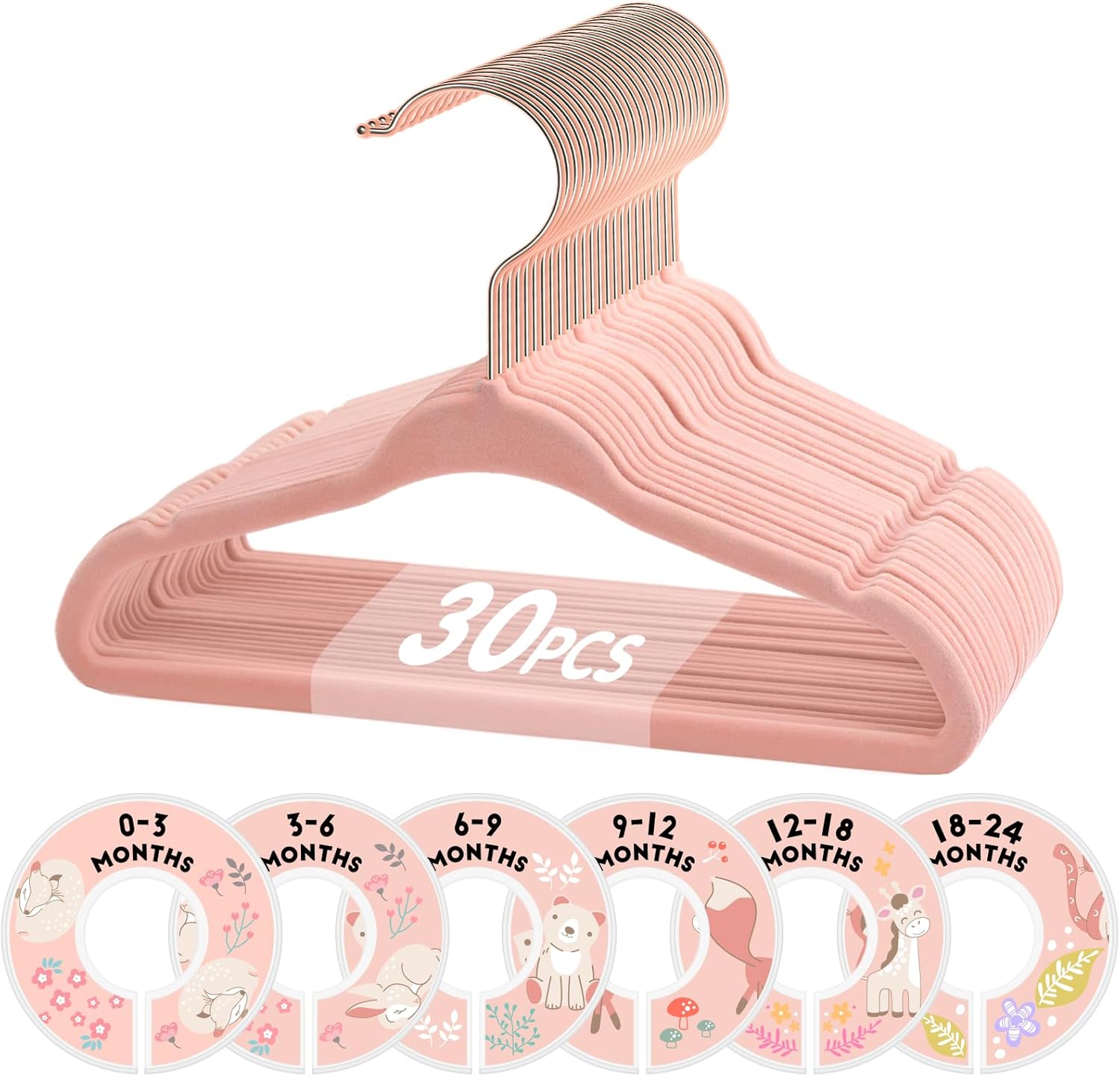 Baby Hangers, 11 Inch Velvet Kids Hangers with 6 Pcs Clothes Size Dividers, Infant Toddler Nursery Closet Organization, Non Slip, Pink, 30 Pcs - Image 1