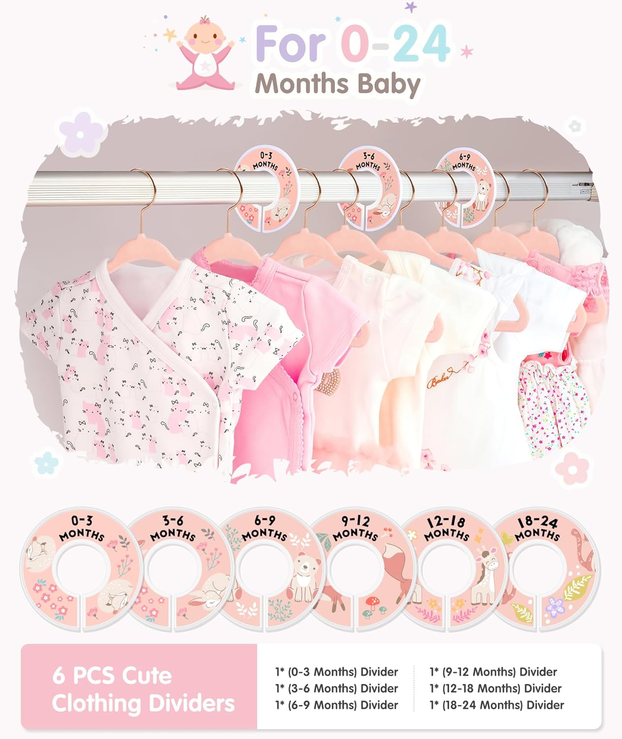 Baby Hangers, 11 Inch Velvet Kids Hangers with 6 Pcs Clothes Size Dividers, Infant Toddler Nursery Closet Organization, Non Slip, Pink, 30 Pcs - Image 2
