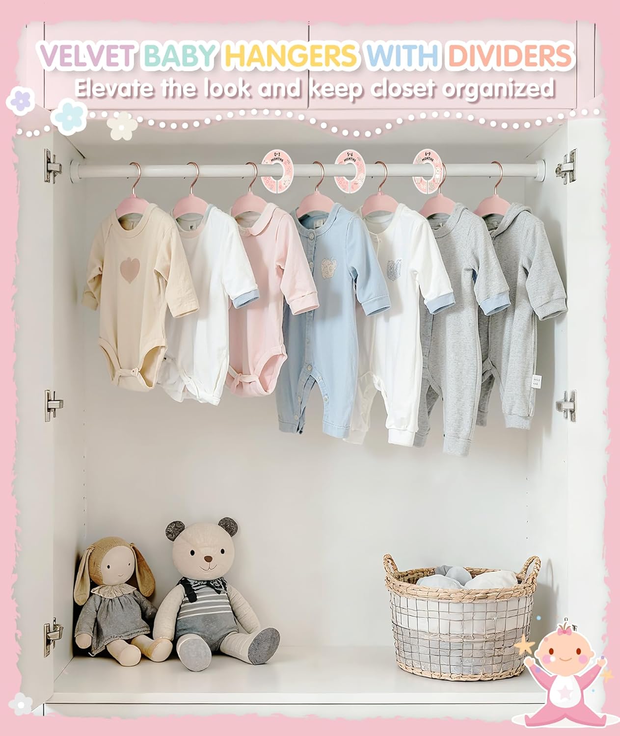 Baby Hangers, 11 Inch Velvet Kids Hangers with 6 Pcs Clothes Size Dividers, Infant Toddler Nursery Closet Organization, Non Slip, Pink, 30 Pcs - Image 3