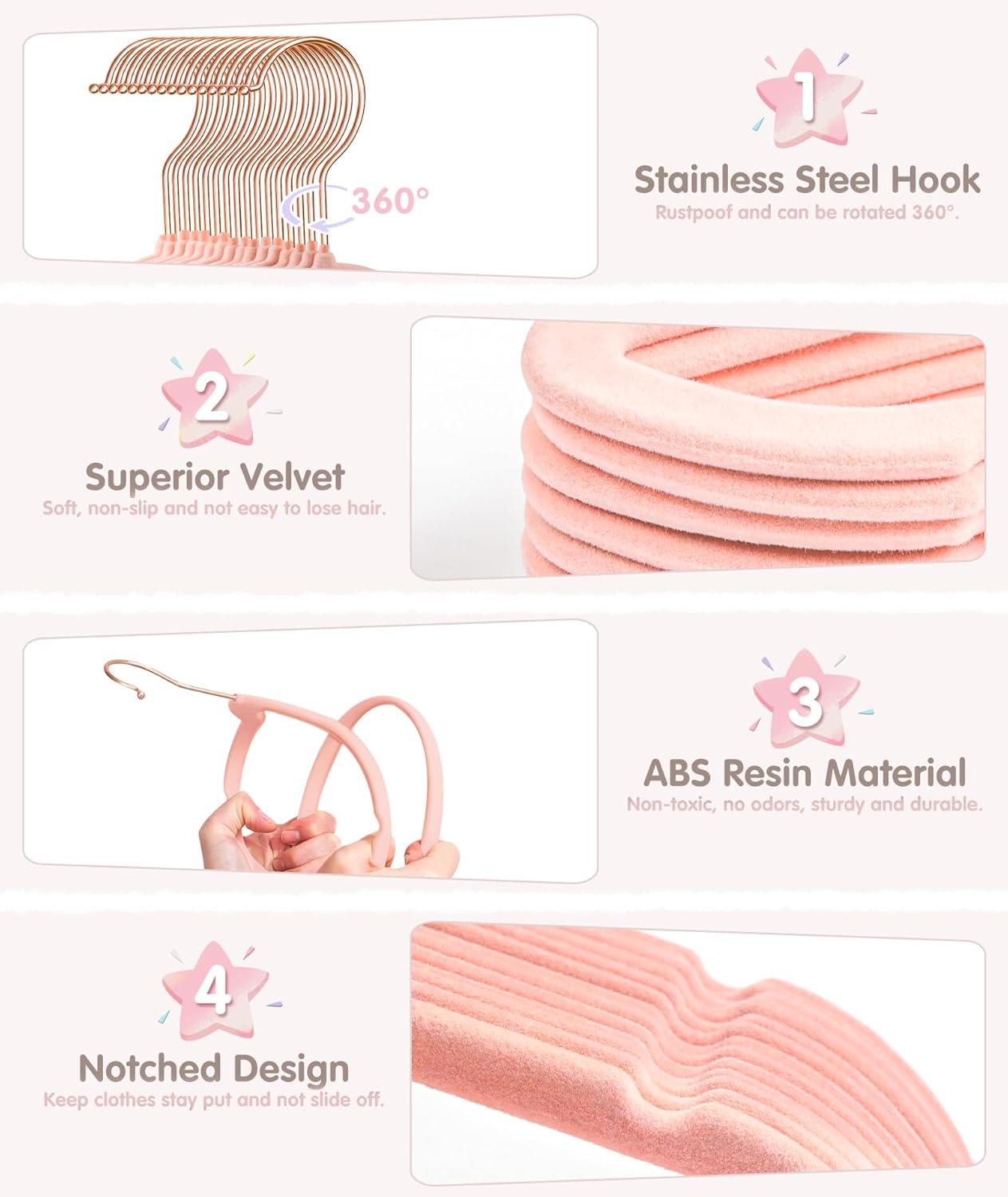 Baby Hangers, 11 Inch Velvet Kids Hangers with 6 Pcs Clothes Size Dividers, Infant Toddler Nursery Closet Organization, Non Slip, Pink, 30 Pcs - Image 4