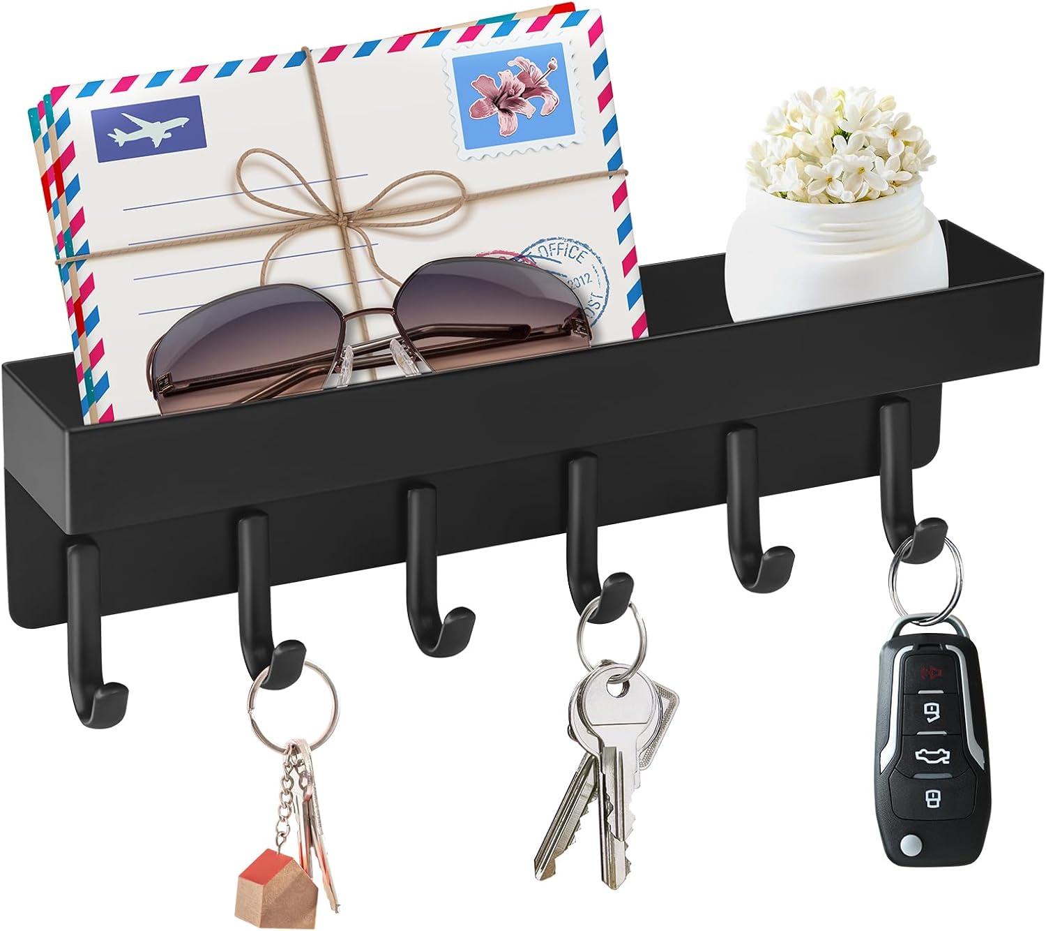 Magnetic Key Holder Wall Mount, Compact Metal Key Rack with Tray, 6 Hooks, 2 Mount Options, Black - Image 1