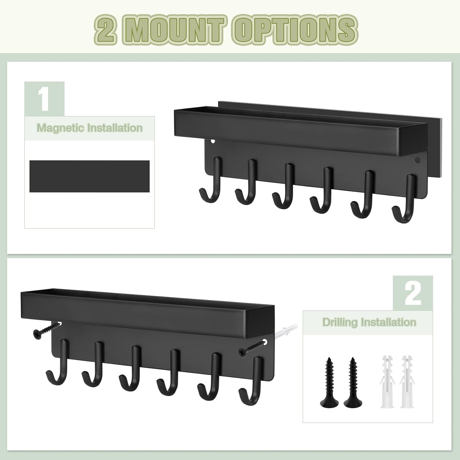 Magnetic Key Holder Wall Mount, Compact Metal Key Rack with Tray, 6 Hooks, 2 Mount Options, Black - Image 2