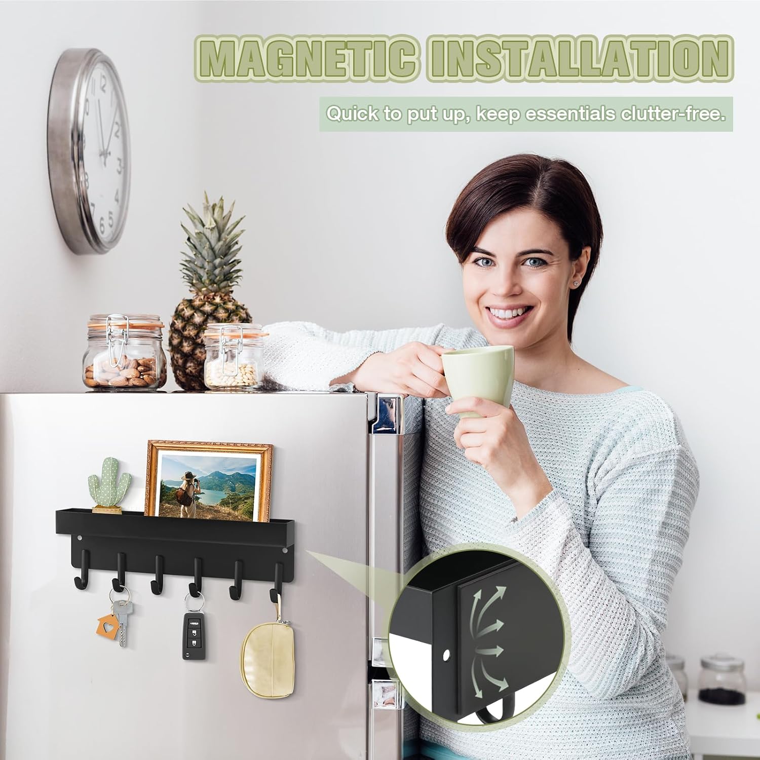 Magnetic Key Holder Wall Mount, Compact Metal Key Rack with Tray, 6 Hooks, 2 Mount Options, Black - Image 3