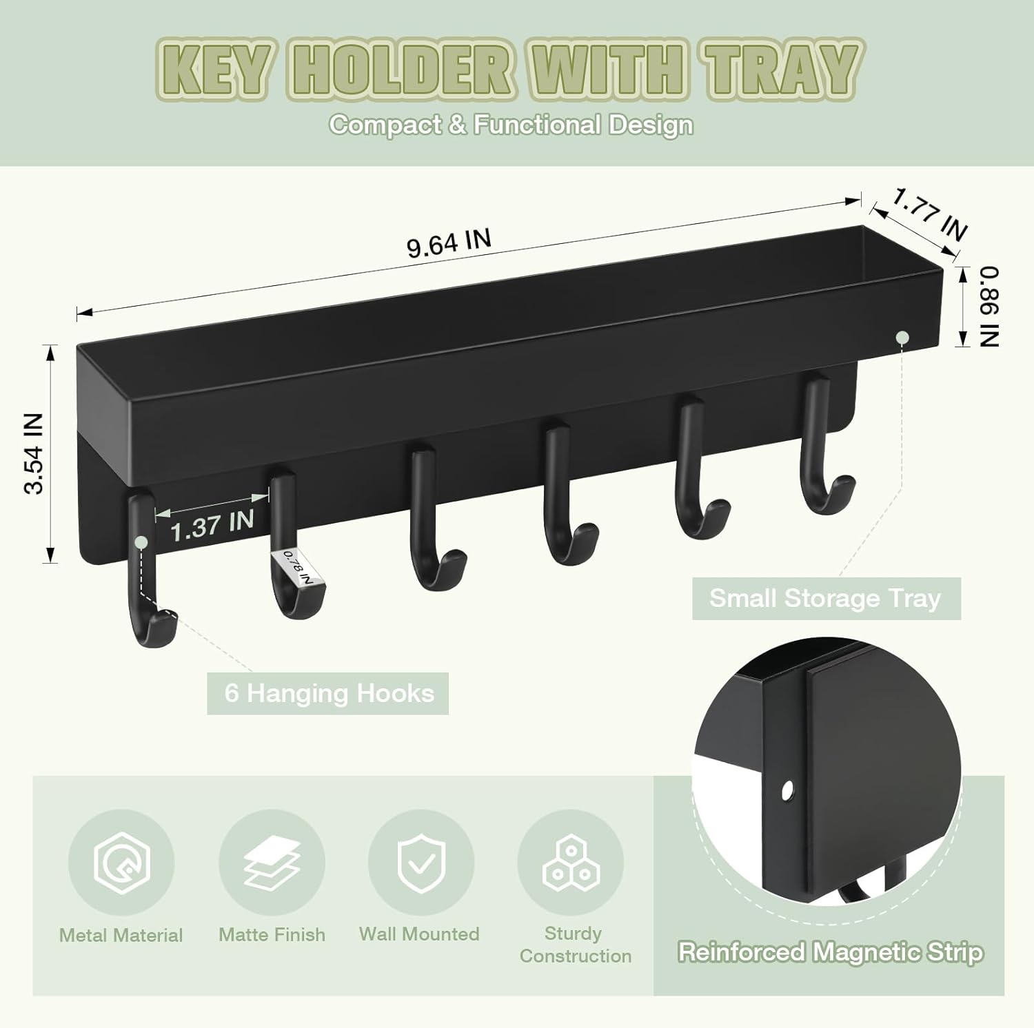 Magnetic Key Holder Wall Mount, Compact Metal Key Rack with Tray, 6 Hooks, 2 Mount Options, Black - Image 6