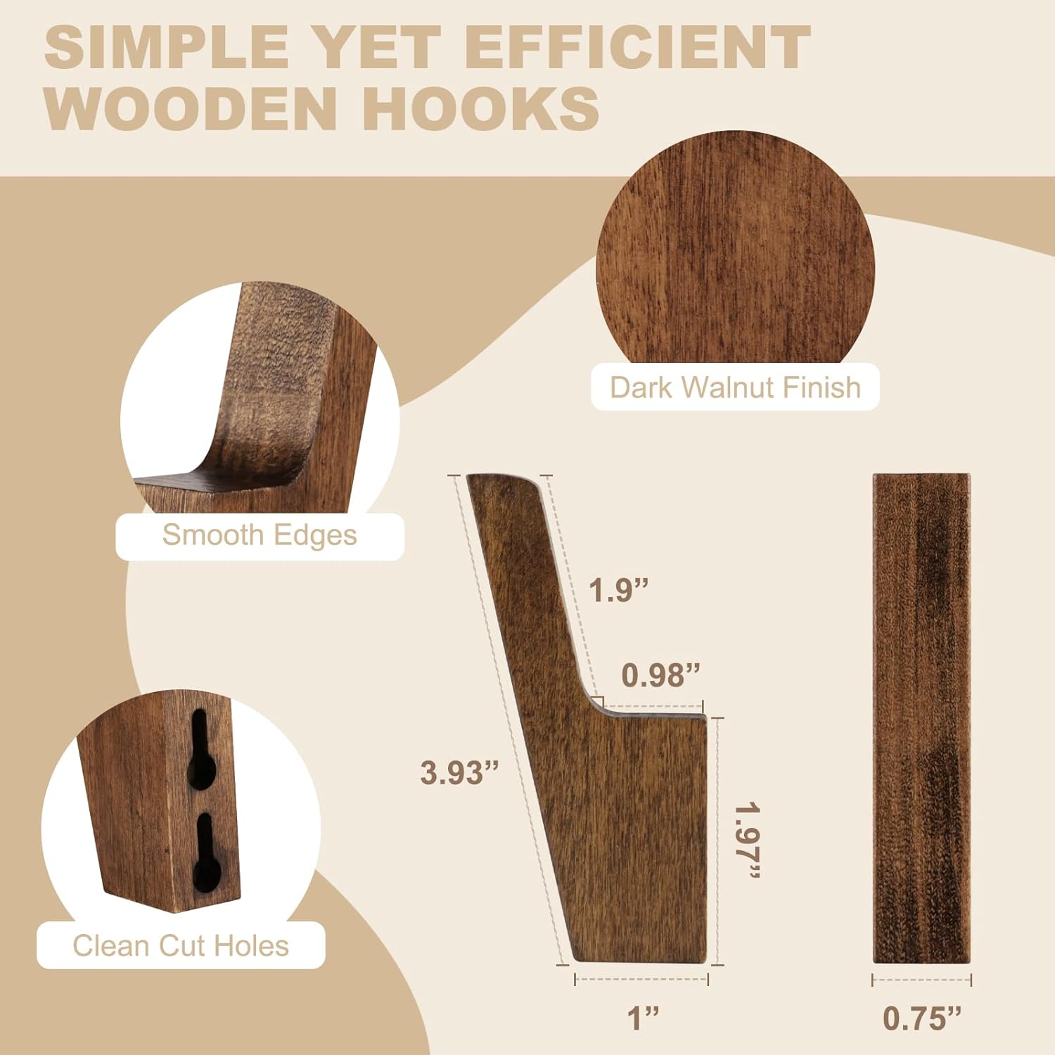 Walnut Wall Hooks, Wall Mount Wooden Coat Hooks for Entryway Cubicle, Brown, 4 Pcs - Image 4