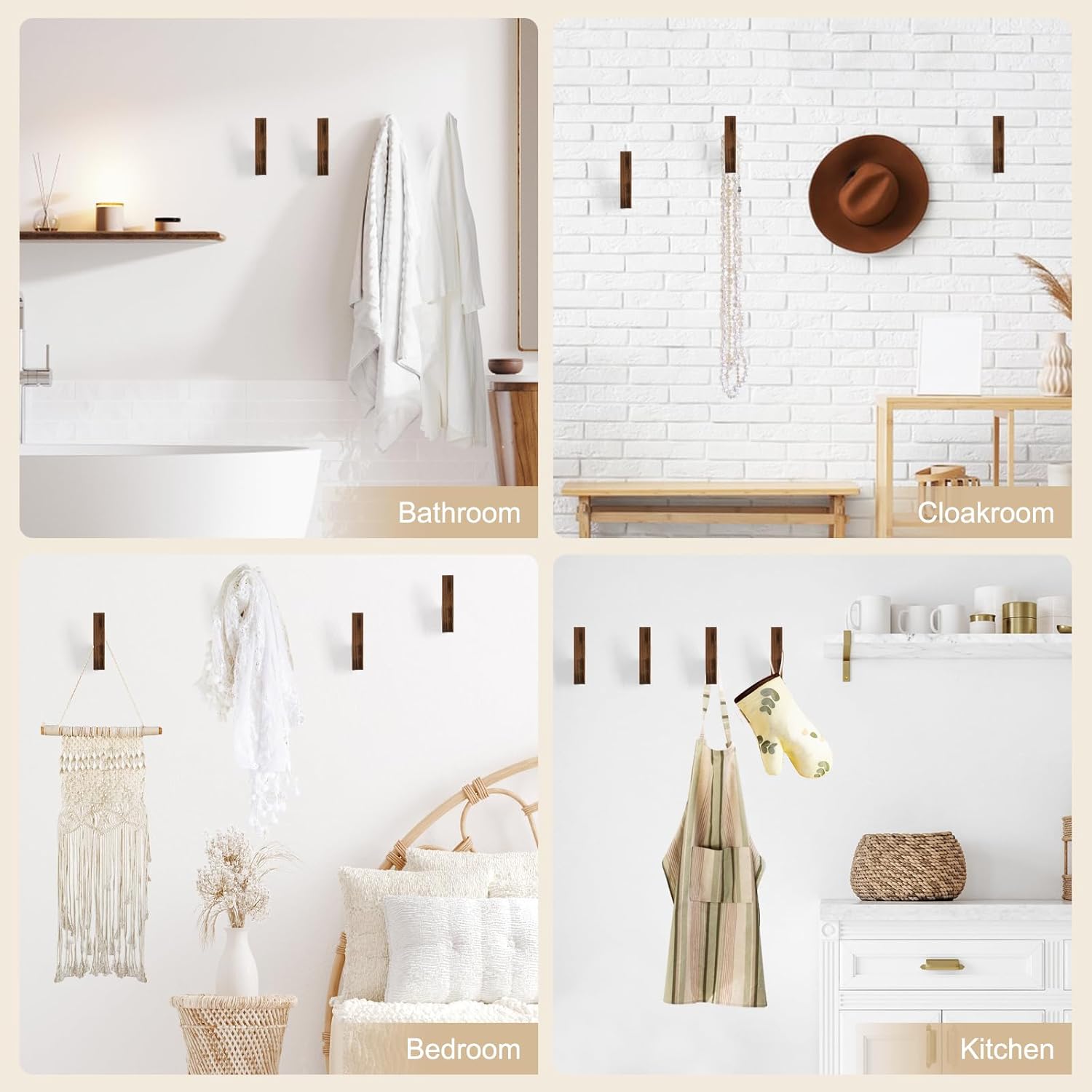 Walnut Wall Hooks, Wall Mount Wooden Coat Hooks for Entryway Cubicle, Brown, 4 Pcs - Image 5