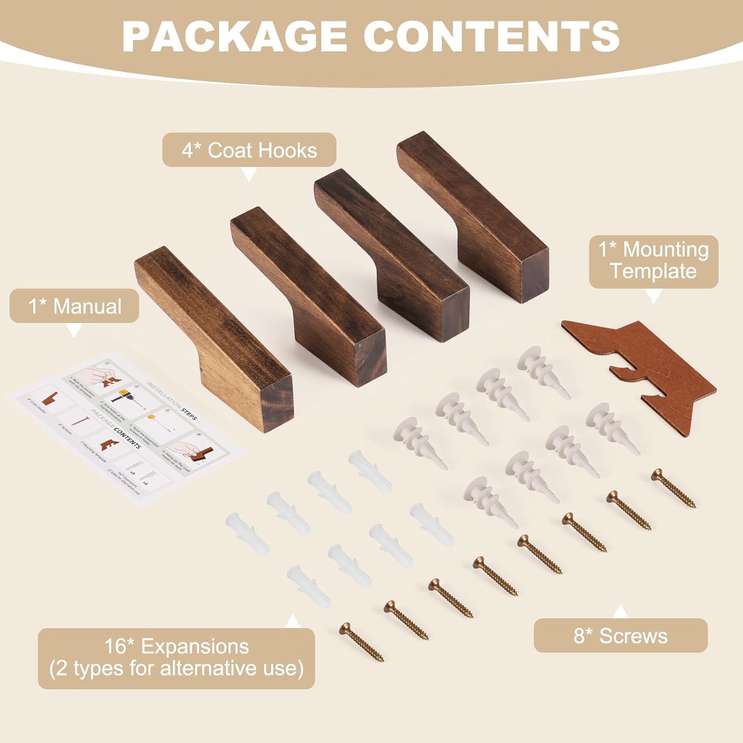 Walnut Wall Hooks, Wall Mount Wooden Coat Hooks for Entryway Cubicle, Brown, 4 Pcs - Image 6