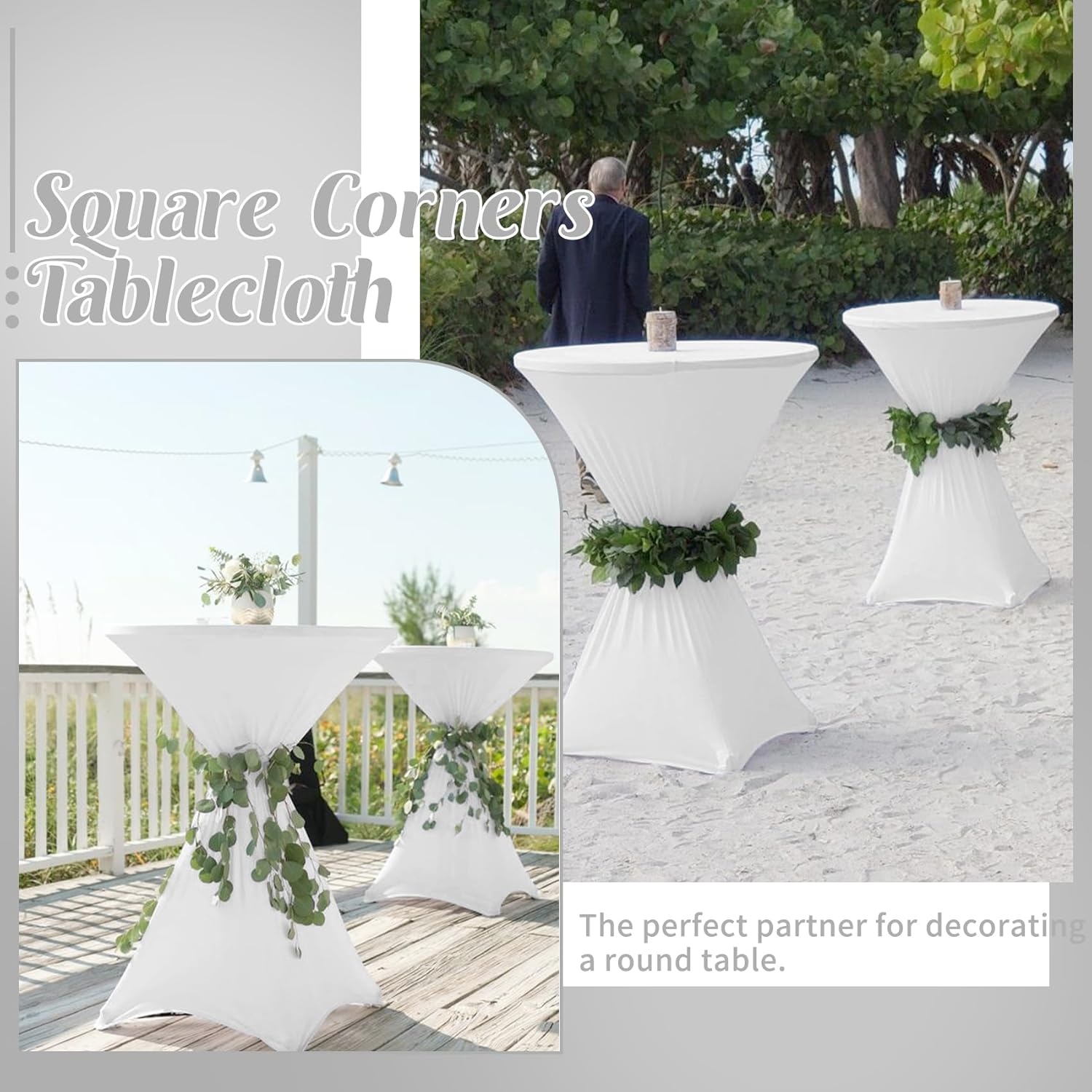 8 Pack Cocktail Table Covers 32x43 Inch Fitted Stretch Spandex Square Corners White Table Cover High Top Cocktail Round Tablecloth for Party, Wedding, Birthday, Banquet(White) - Image 6