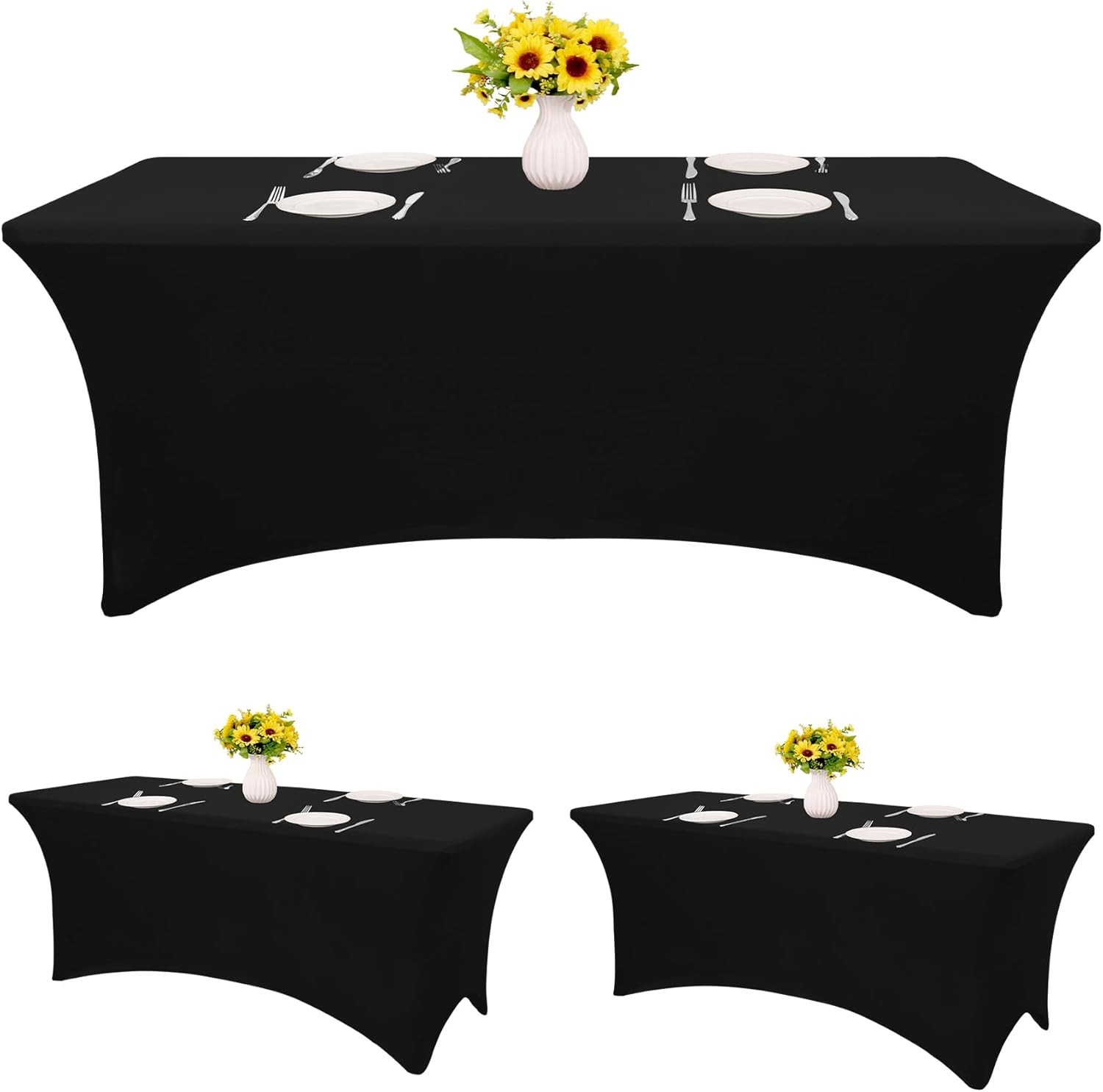 3 Pack Table Cloth 6ft Black Tablecloths for Rectangle Folding Table Spandex Fitted Stretch Cover Wrinkle Resistant Washable Protector for Party, Wedding, Banquet, Festival - Image 1