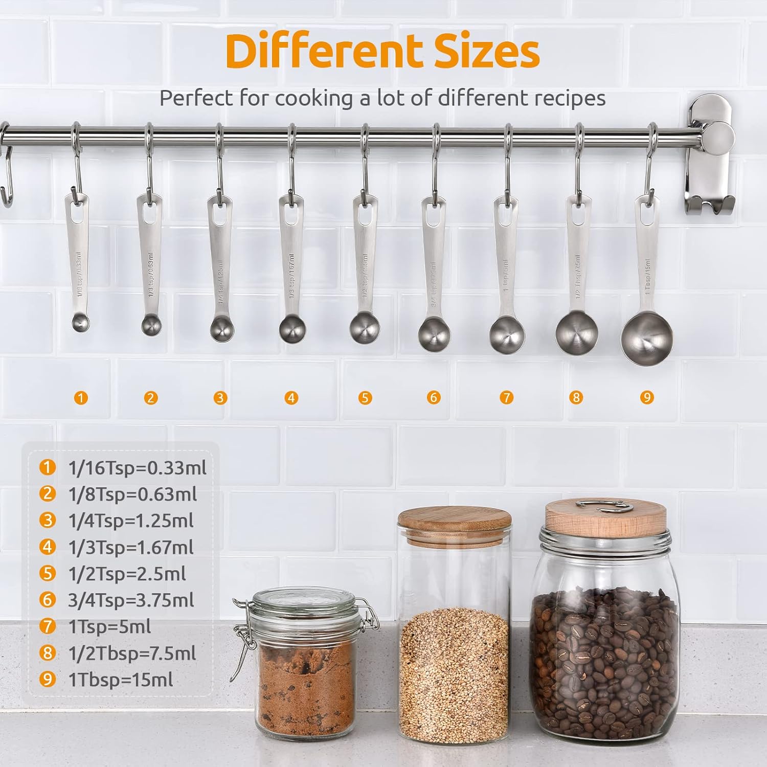 Measuring Spoons:  18/8 Stainless Steel Measuring Spoons Set of 9 Piece: 1/16 TSP, 1/8 TSP, 1/4 TSP, 1/3 TSP, 1/2 TSP, 3/4 TSP, 1 TSP, 1/2 tbsp & 1 tbsp Dry and Liquid Ingredients - Image 2