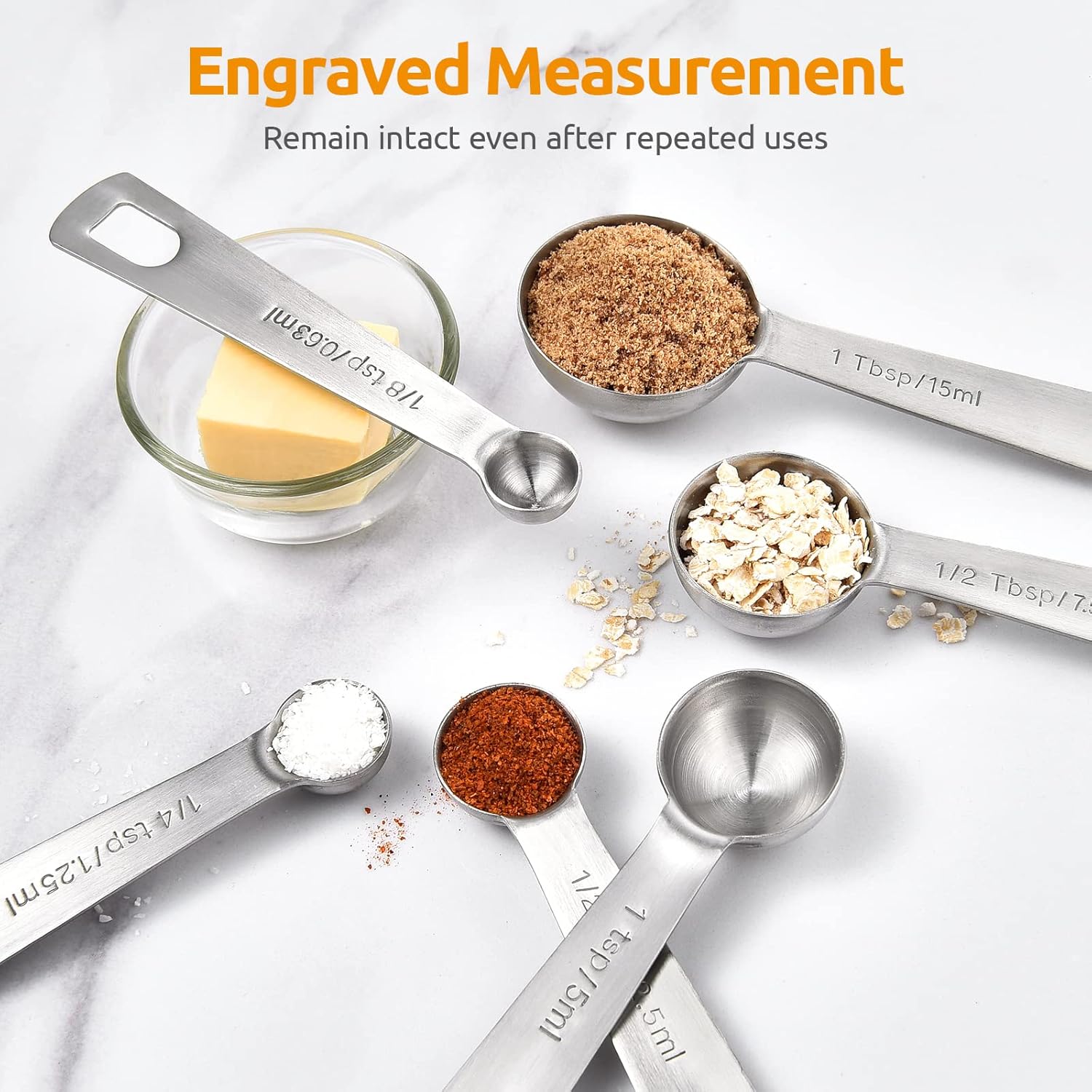 Measuring Spoons:  18/8 Stainless Steel Measuring Spoons Set of 9 Piece: 1/16 TSP, 1/8 TSP, 1/4 TSP, 1/3 TSP, 1/2 TSP, 3/4 TSP, 1 TSP, 1/2 tbsp & 1 tbsp Dry and Liquid Ingredients - Image 4