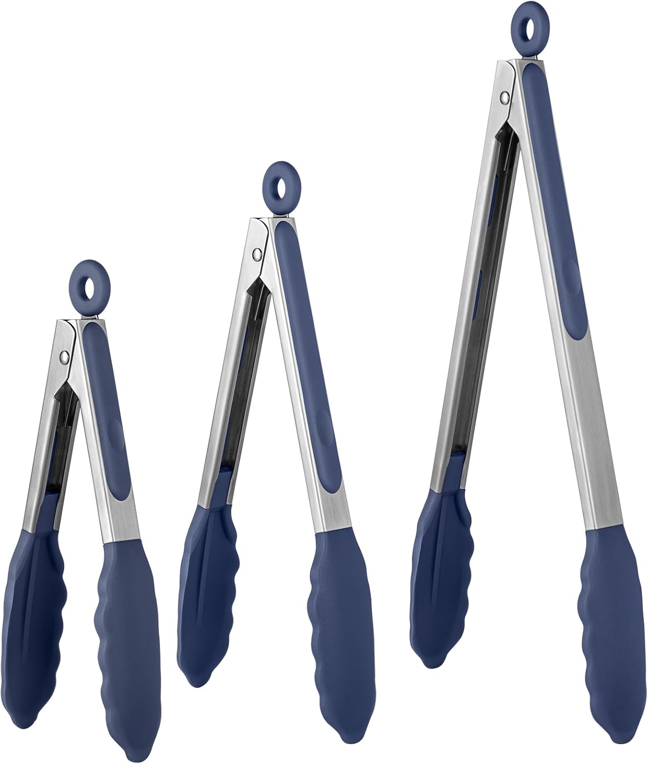 600ºF Heat Resistant Kitchen Tongs:  7/9/12 inch Silicone Cooking Tong Set with Non Stick Rubber Tips and Silicon Coated 18/8 Stainless Steel Handle for Serving Grilling Salad(Midnight Blue) - Image 1