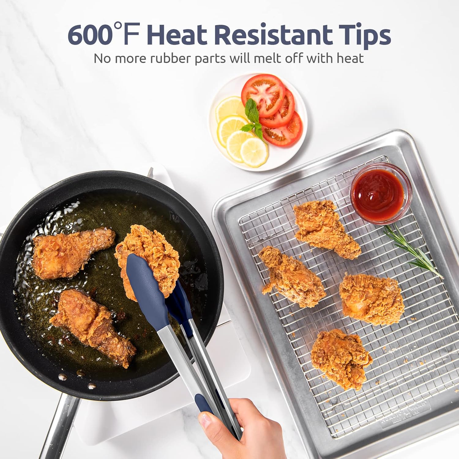 600ºF Heat Resistant Kitchen Tongs:  7/9/12 inch Silicone Cooking Tong Set with Non Stick Rubber Tips and Silicon Coated 18/8 Stainless Steel Handle for Serving Grilling Salad(Midnight Blue) - Image 3