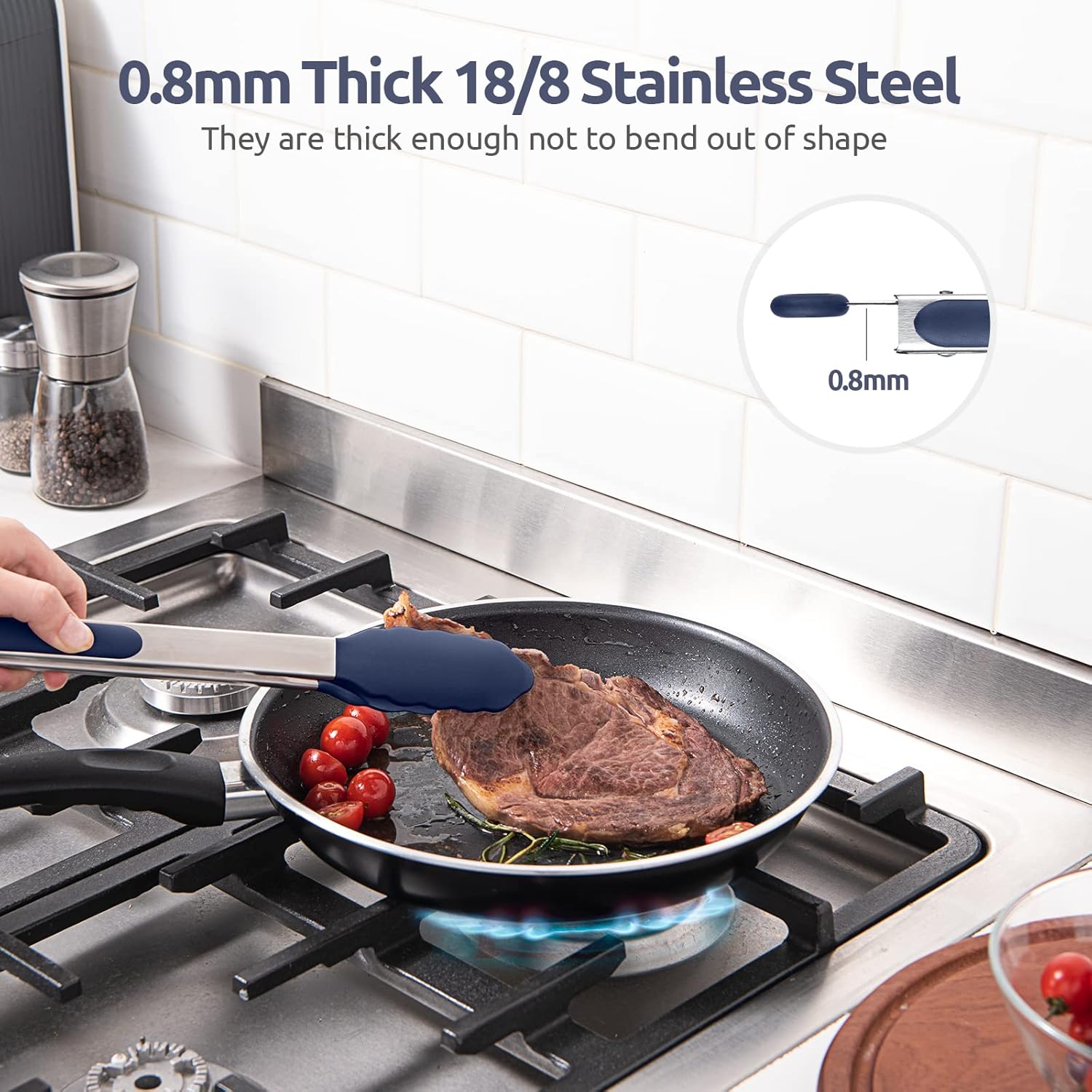 600ºF Heat Resistant Kitchen Tongs:  7/9/12 inch Silicone Cooking Tong Set with Non Stick Rubber Tips and Silicon Coated 18/8 Stainless Steel Handle for Serving Grilling Salad(Midnight Blue) - Image 5
