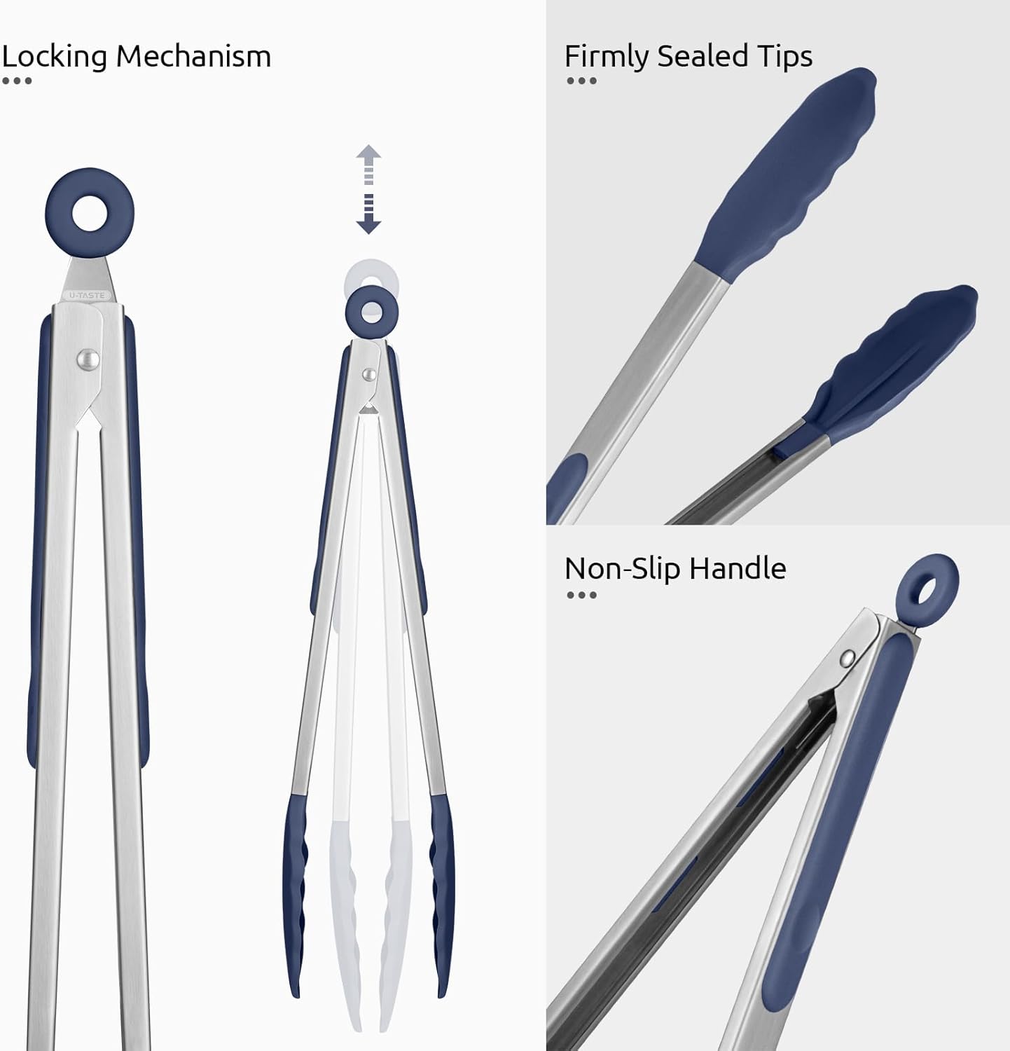 600ºF Heat Resistant Kitchen Tongs:  7/9/12 inch Silicone Cooking Tong Set with Non Stick Rubber Tips and Silicon Coated 18/8 Stainless Steel Handle for Serving Grilling Salad(Midnight Blue) - Image 6