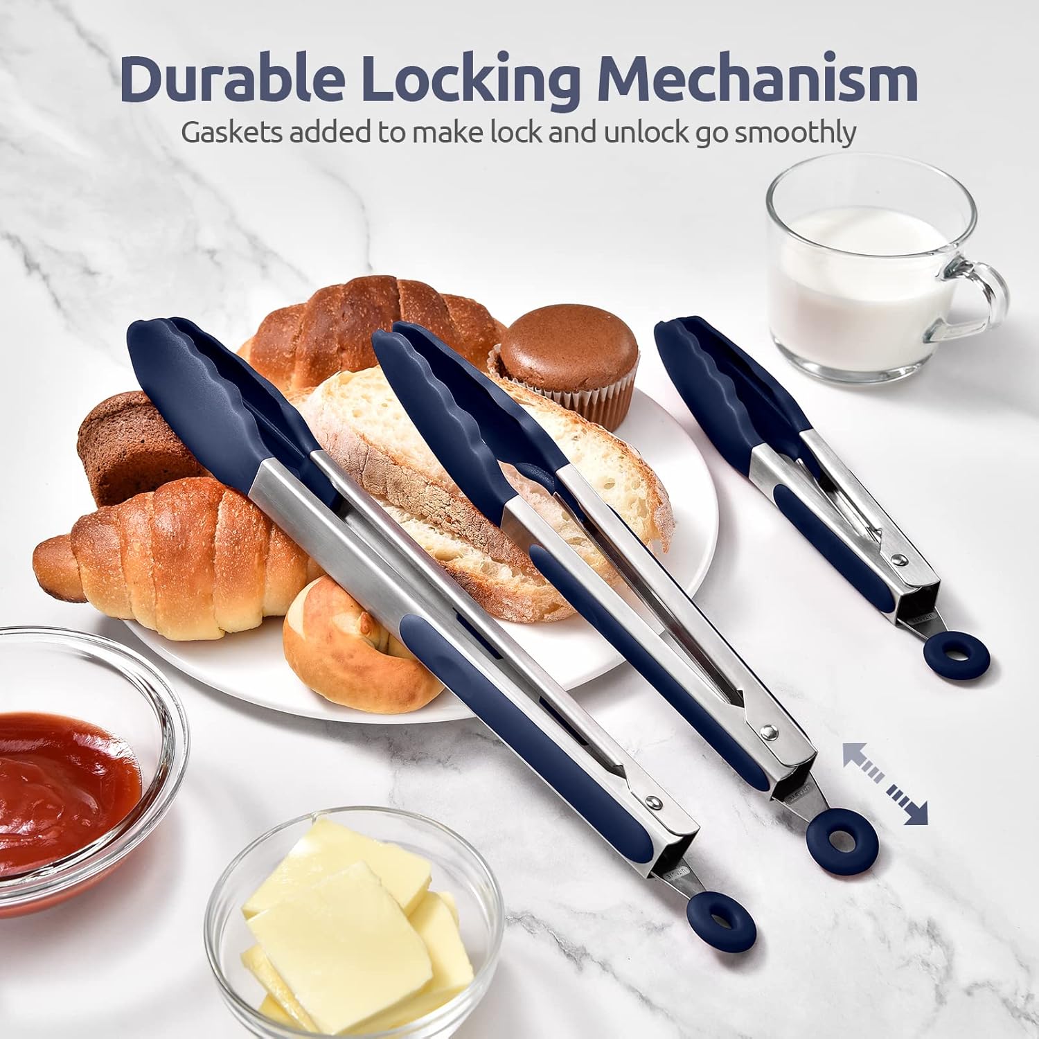 600ºF Heat Resistant Kitchen Tongs:  7/9/12 inch Silicone Cooking Tong Set with Non Stick Rubber Tips and Silicon Coated 18/8 Stainless Steel Handle for Serving Grilling Salad(Midnight Blue) - Image 7