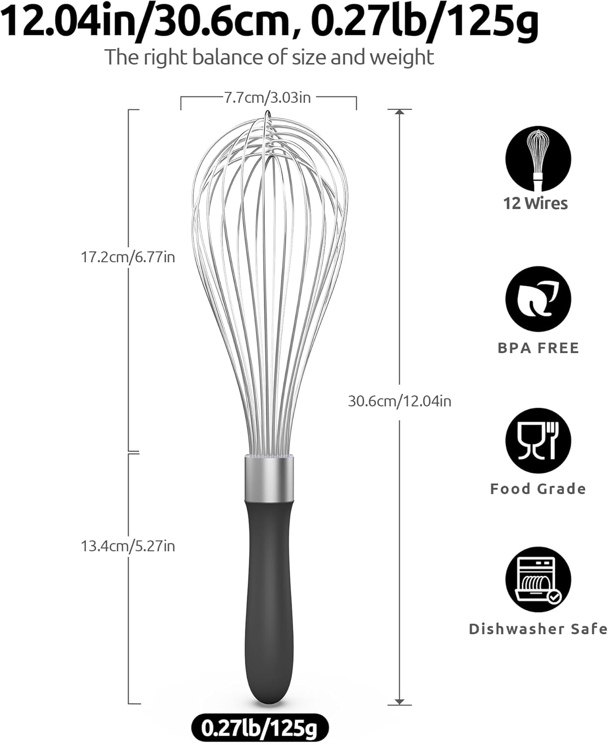 Balloon Whisk for Cooking: 18/10 Stainless Steel Kitchen Wire Whisk, 12in Large Heavy Duty Egg Beater, Manual Mixing Tool with 12 High Flex Wires for Stirring, Blending Sauce (Black) - Image 2
