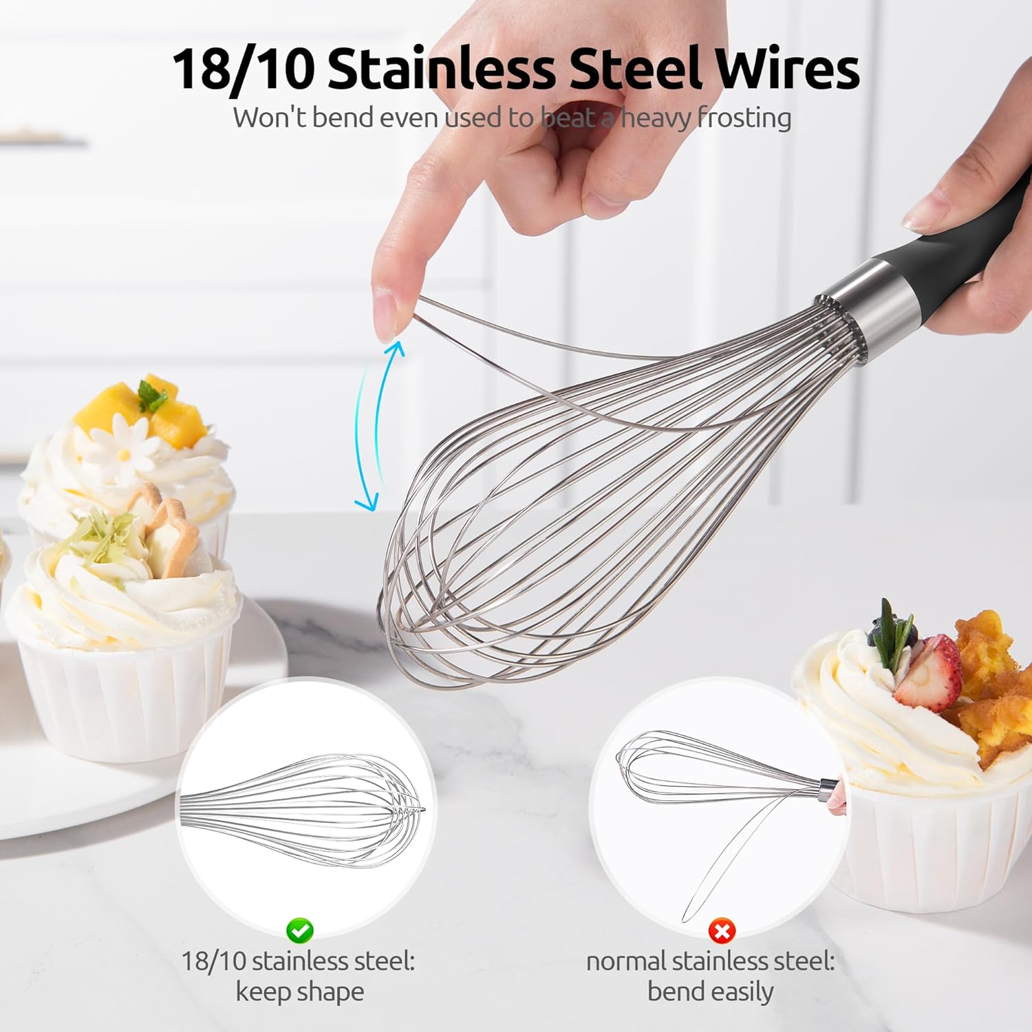 Balloon Whisk for Cooking: 18/10 Stainless Steel Kitchen Wire Whisk, 12in Large Heavy Duty Egg Beater, Manual Mixing Tool with 12 High Flex Wires for Stirring, Blending Sauce (Black) - Image 4
