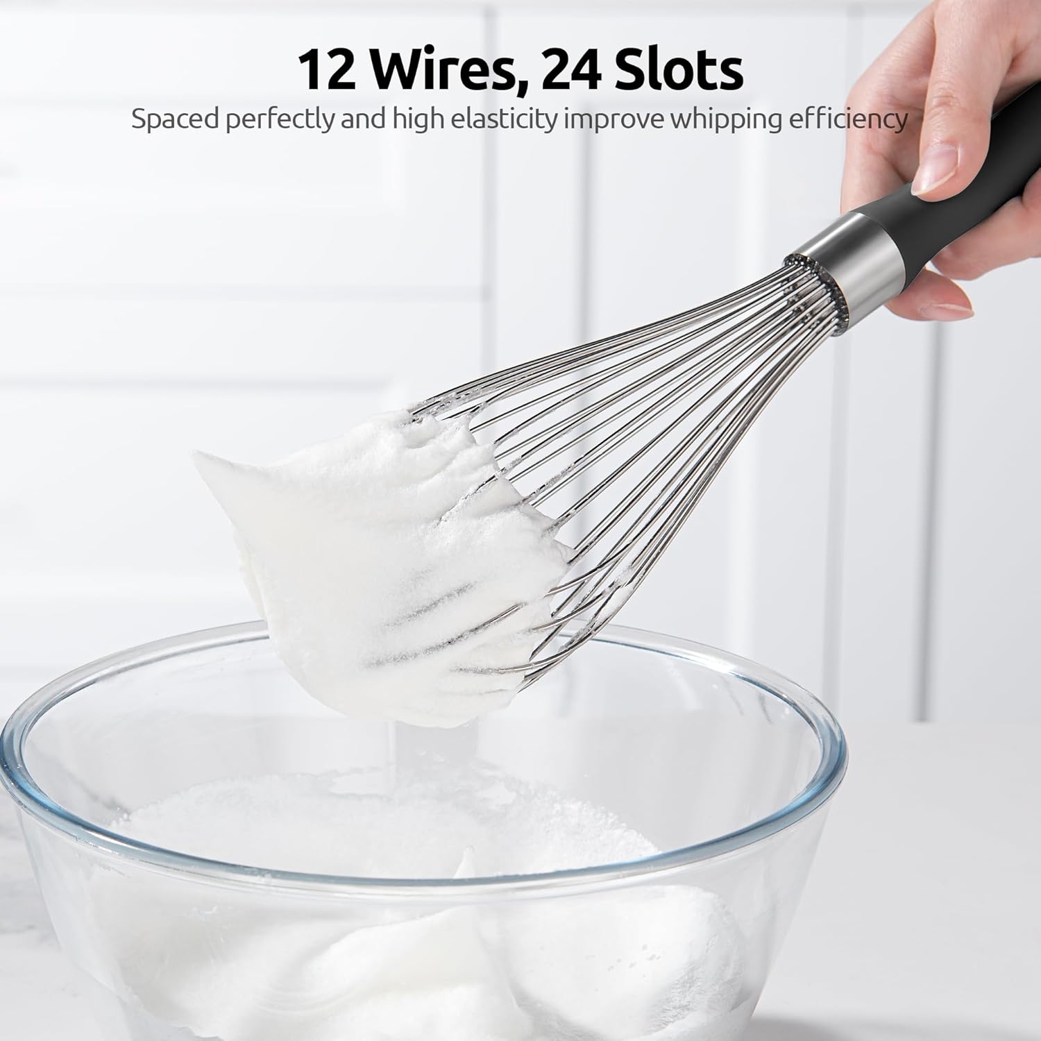 Balloon Whisk for Cooking: 18/10 Stainless Steel Kitchen Wire Whisk, 12in Large Heavy Duty Egg Beater, Manual Mixing Tool with 12 High Flex Wires for Stirring, Blending Sauce (Black) - Image 5