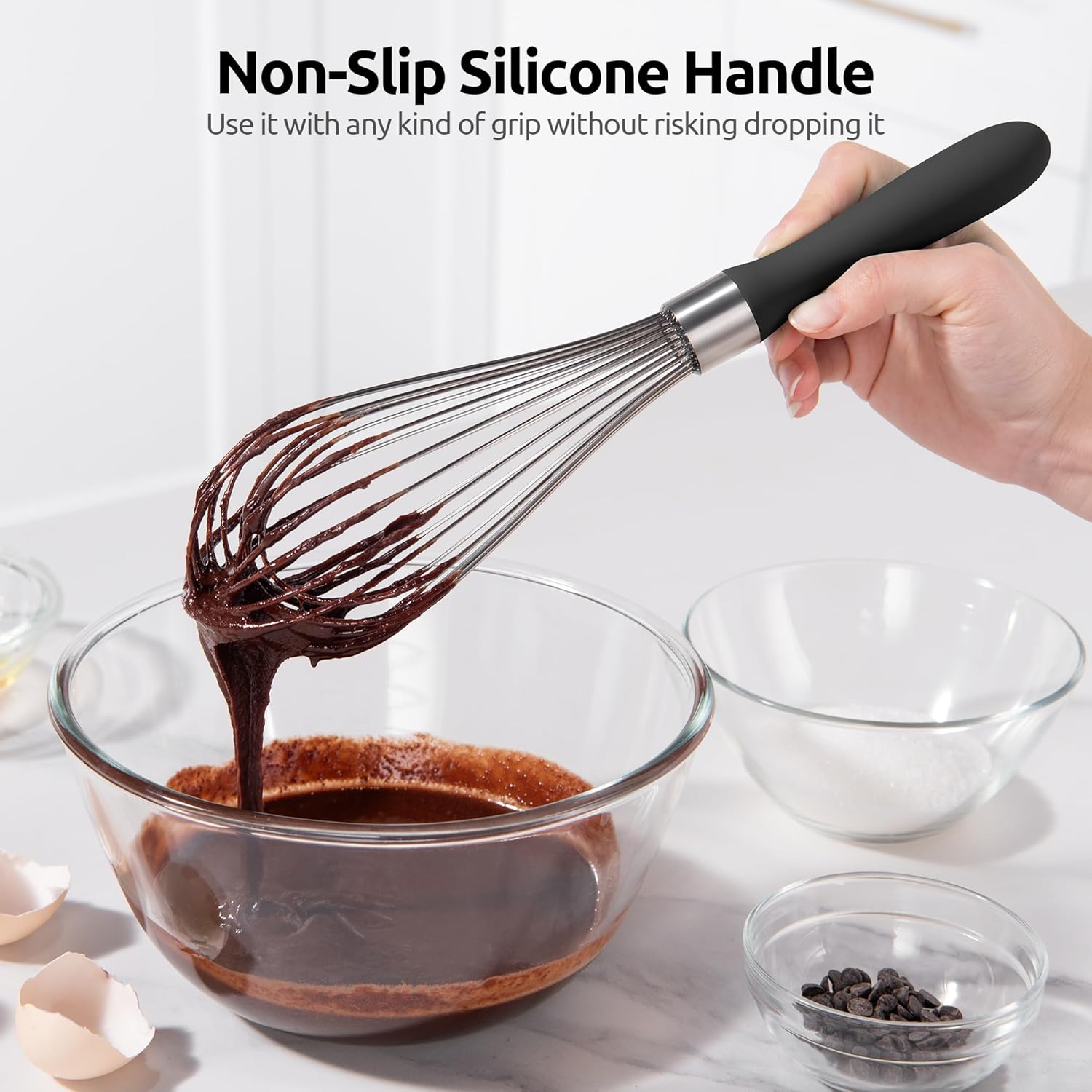Balloon Whisk for Cooking: 18/10 Stainless Steel Kitchen Wire Whisk, 12in Large Heavy Duty Egg Beater, Manual Mixing Tool with 12 High Flex Wires for Stirring, Blending Sauce (Black) - Image 8