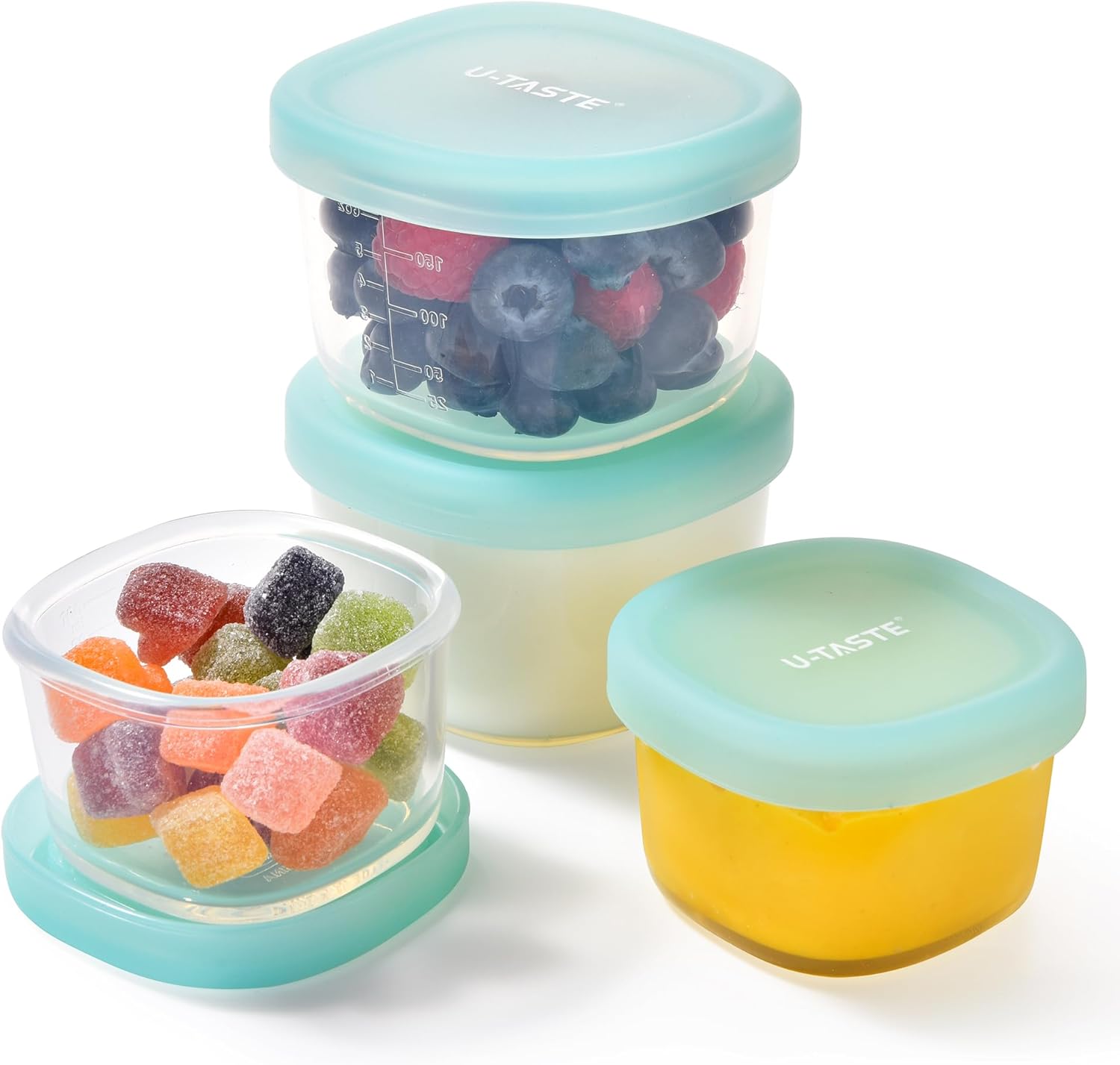 3oz 6oz Small Storage Containers: Food Grade Liquid-Silicone Freezer Box with Airtight Lid, Microwave Safe with Clear Measurements, Reusable for Meal Prepping Portion (Set of 4, Aqua Sky) - Image 1